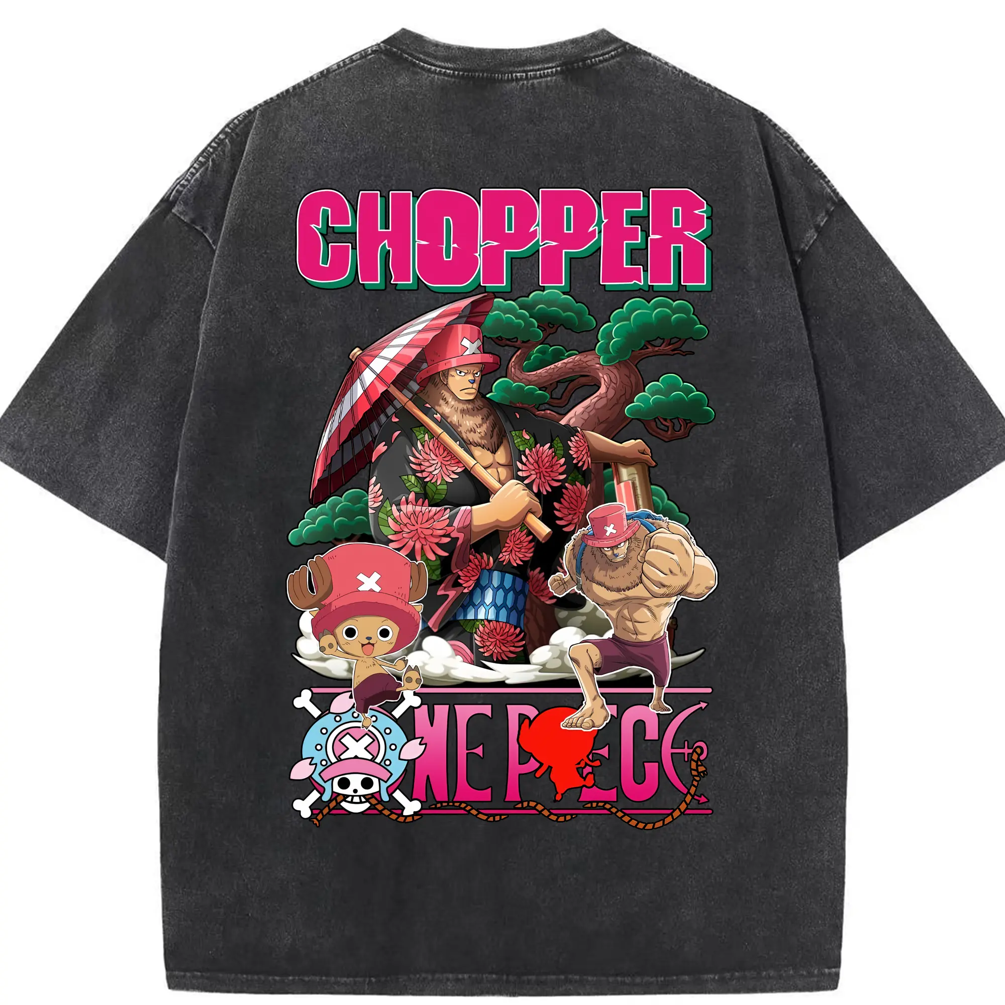 ワンピース グッズ トニートニー・チョッパー - 綿100％ ヴィンテージ風 半袖Tシャツ ・ 背面プリント ・ 柔らか肌触り ・ 通気性 快適 ・ スポーツ カジュアル 外出用