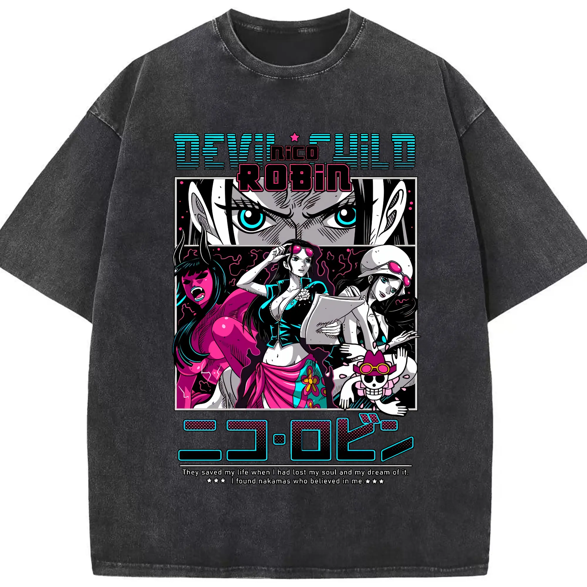 ワンピース グッズ ニコ・ロビン - 綿100％ ヴィンテージ風 半袖Tシャツ ・ フロントプリント ・ 柔らか肌触り ・ 通気性 快適 ・ スポーツ カジュアル 外出用