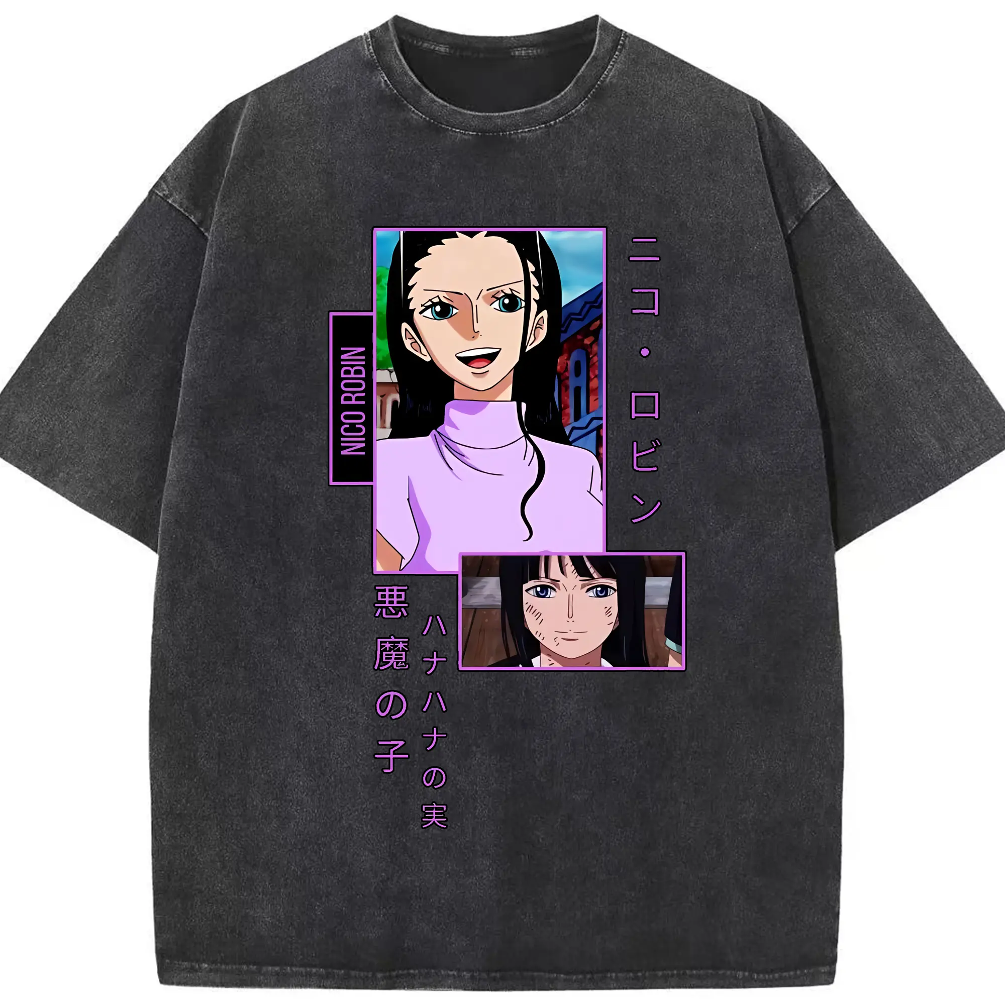 ワンピース グッズ ニコ・ロビン - 綿100％ ヴィンテージ風 半袖Tシャツ ・ フロントプリント ・ 柔らか肌触り ・ 通気性 快適 ・ スポーツ カジュアル 外出用