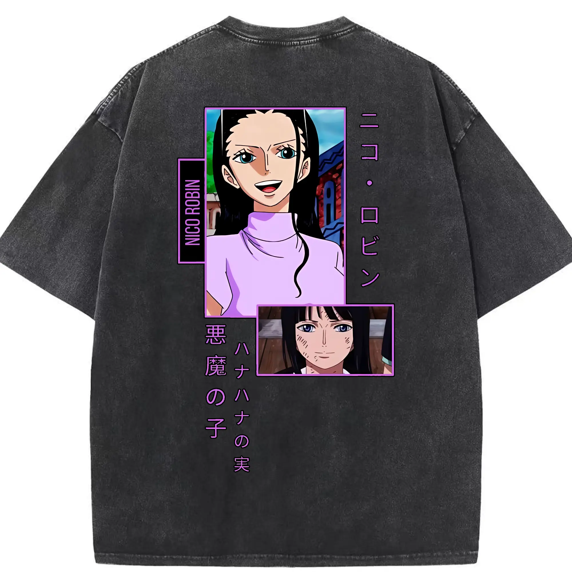 ワンピース グッズ ニコ・ロビン - 綿100％ ヴィンテージ風 半袖Tシャツ ・ 背面プリント ・ 柔らか肌触り ・ 通気性 快適 ・ スポーツ カジュアル 外出用