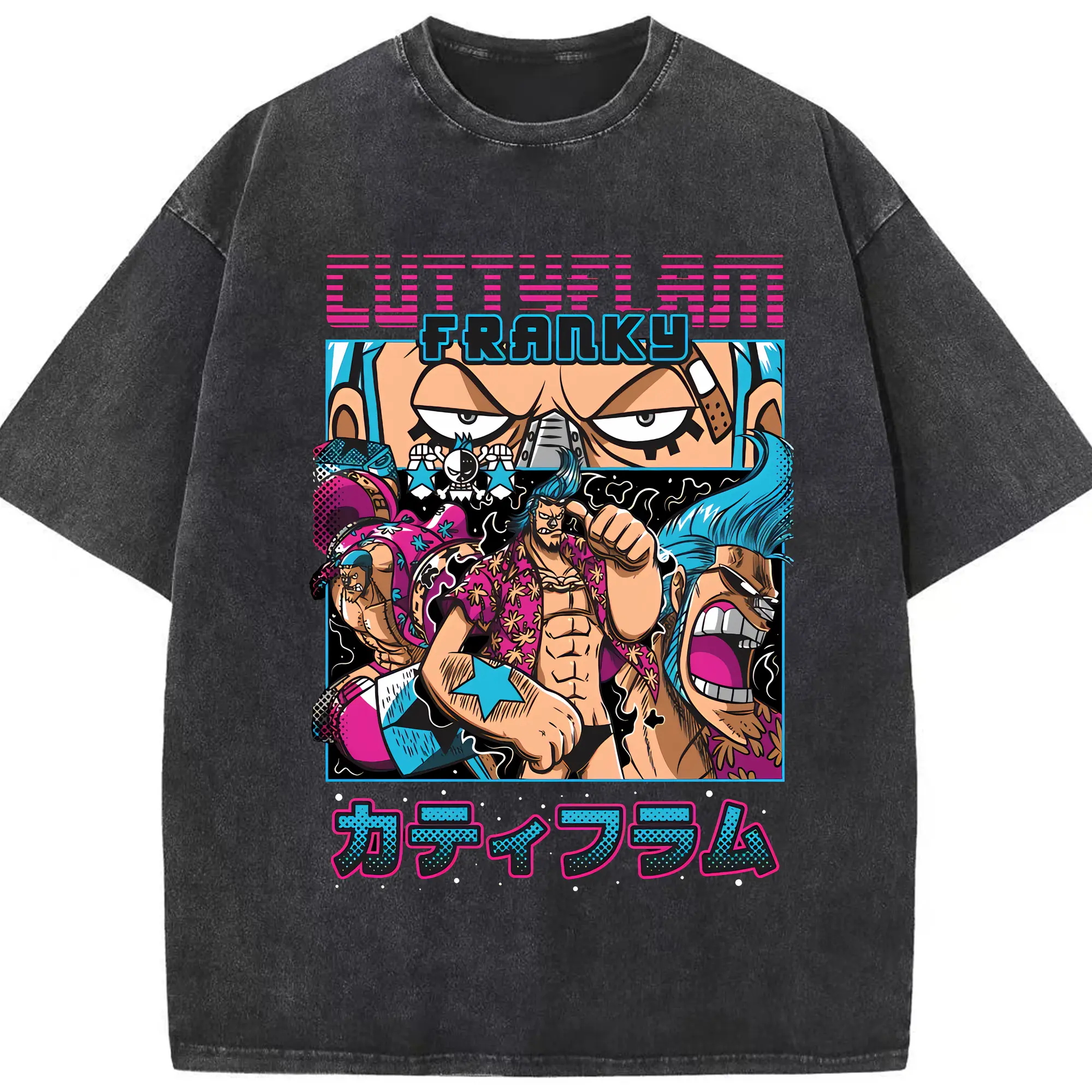 ワンピース グッズ フランキー - 綿100％ ヴィンテージ風 半袖Tシャツ ・ フロントプリント ・ 柔らか肌触り ・ 通気性 快適 ・ スポーツ カジュアル 外出用