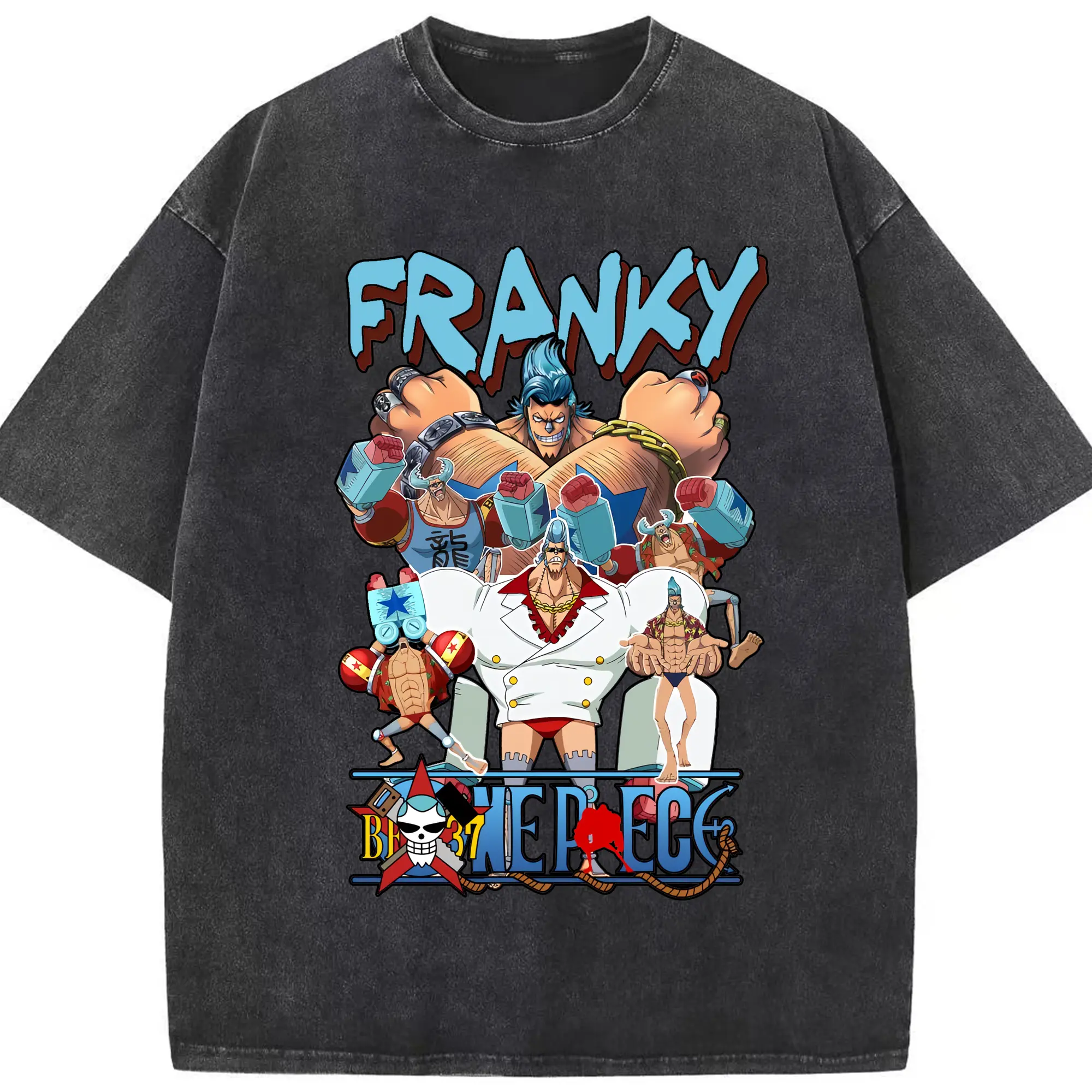 ワンピース グッズ フランキー - 綿100％ ヴィンテージ風 半袖Tシャツ ・ フロントプリント ・ 柔らか肌触り ・ 通気性 快適 ・ スポーツ カジュアル 外出用