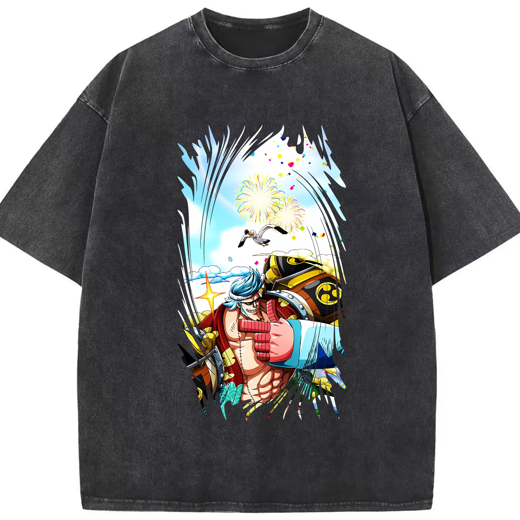 ワンピース グッズ フランキー - 綿100％ ヴィンテージ風 半袖Tシャツ ・ フロントプリント ・ 柔らか肌触り ・ 通気性 快適 ・ スポーツ カジュアル 外出用