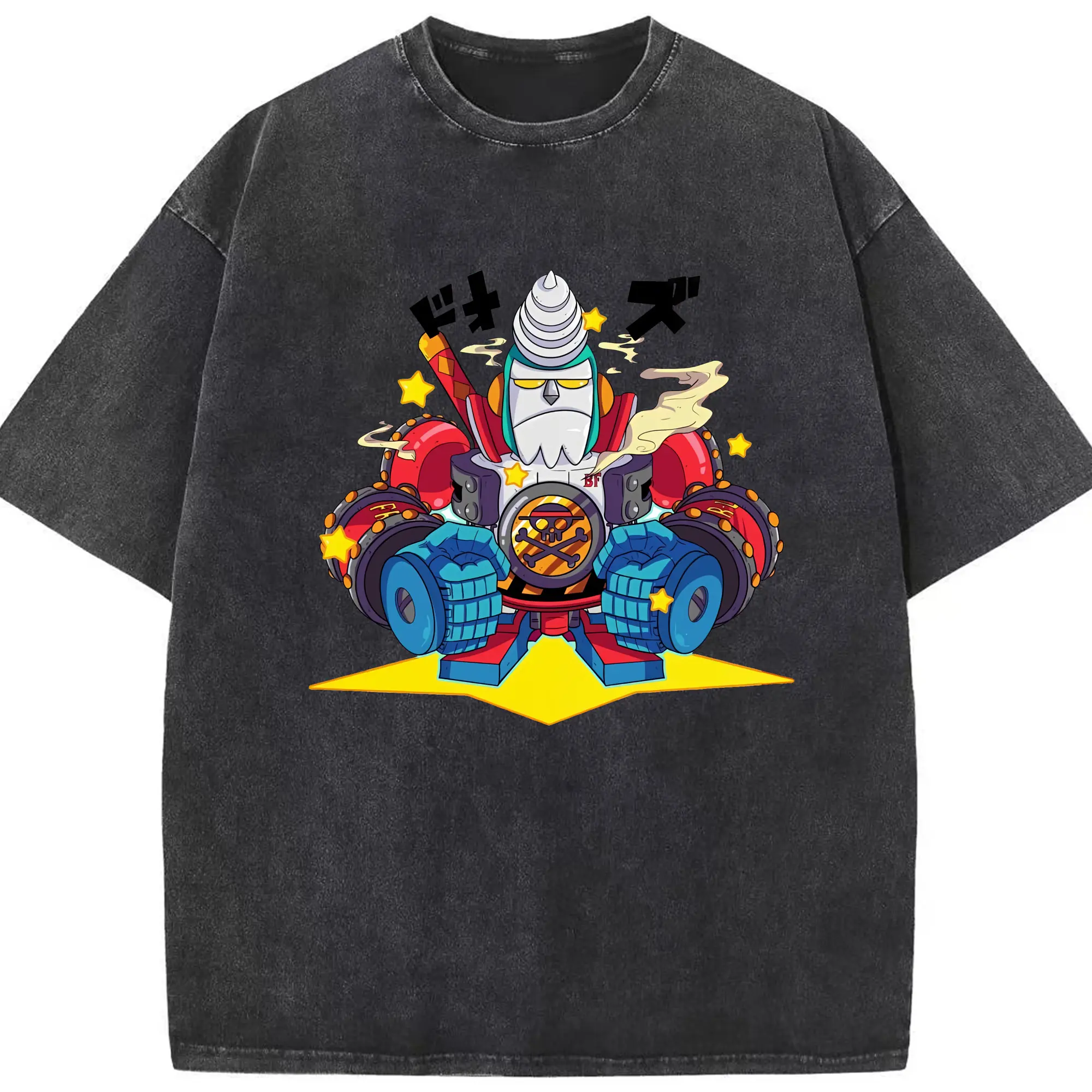 ワンピース グッズ フランキー - 綿100％ ヴィンテージ風 半袖Tシャツ ・ フロントプリント ・ 柔らか肌触り ・ 通気性 快適 ・ スポーツ カジュアル 外出用