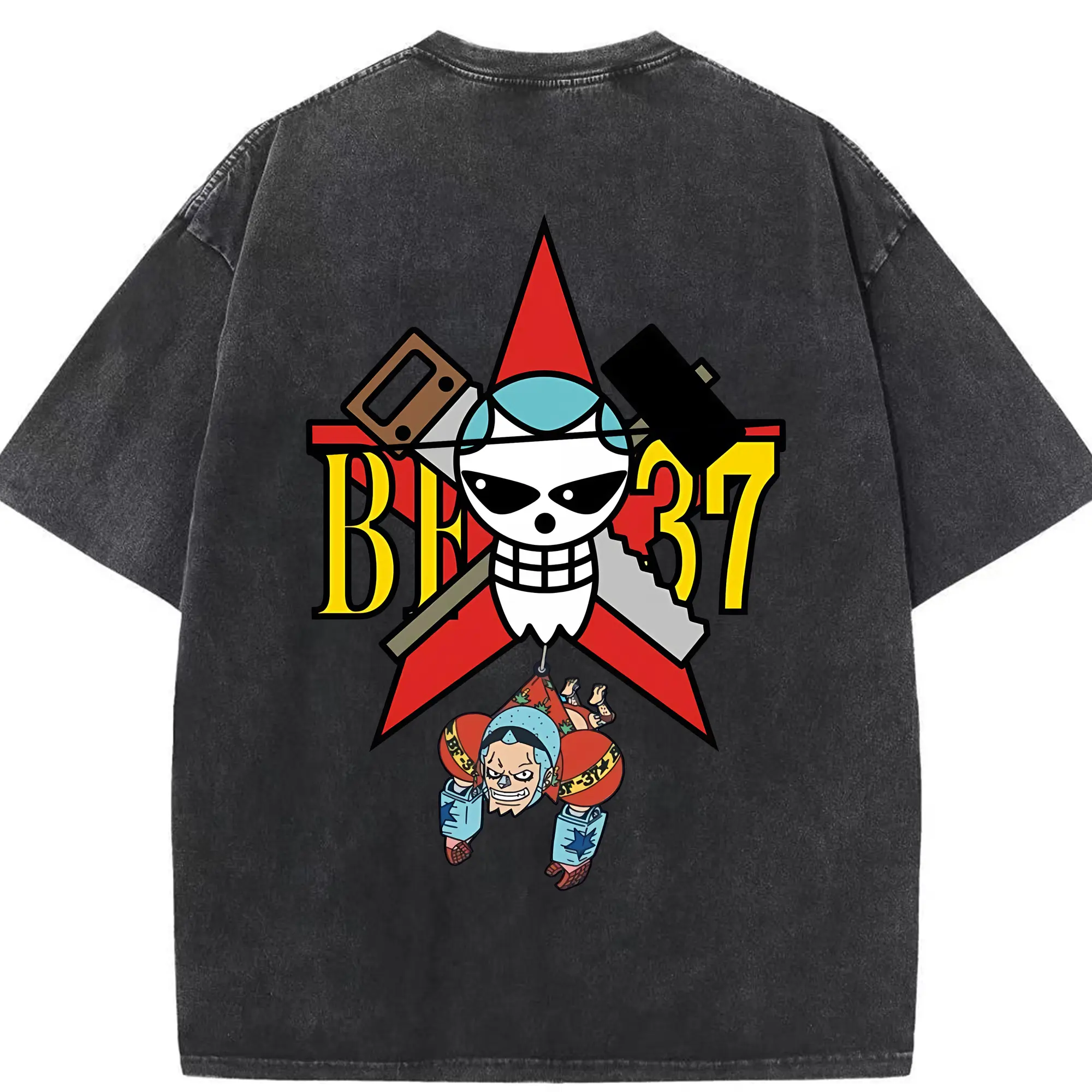 ワンピース グッズ フランキー - 綿100％ ヴィンテージ風 半袖Tシャツ ・ 背面プリント ・ 柔らか肌触り ・ 通気性 快適 ・ スポーツ カジュアル 外出用