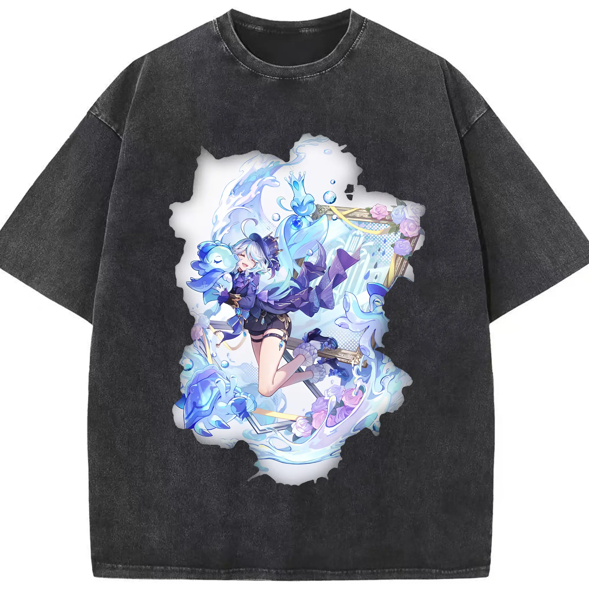 原 神 グッズ フリーナ - 綿100％ ヴィンテージ風 半袖Tシャツ ・ フロントプリント ・ 柔らか肌触り ・ 通気性 快適 ・ スポーツ カジュアル 外出用