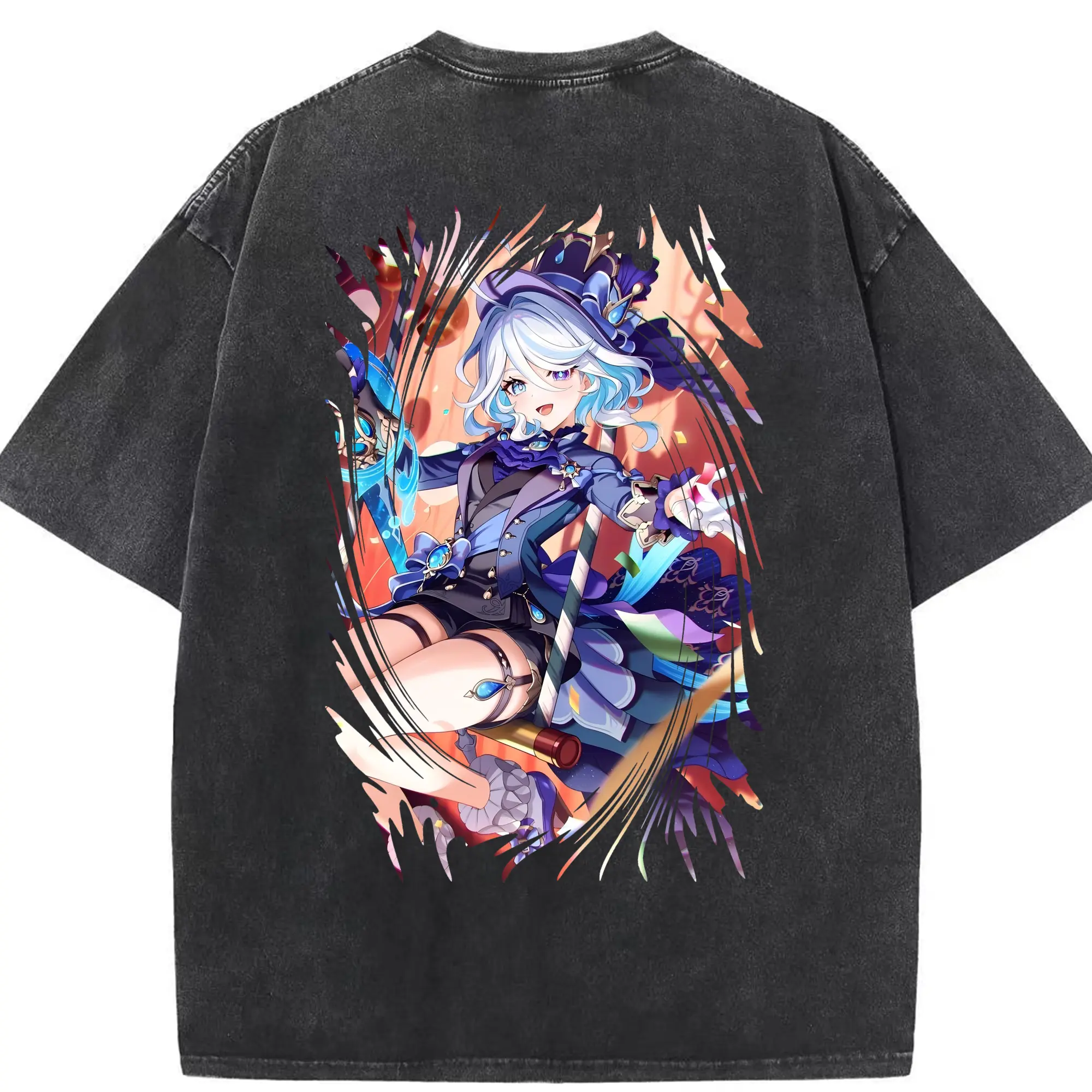 原 神 グッズ フリーナ - 綿100％ ヴィンテージ風 半袖Tシャツ ・ 背面プリント ・ 柔らか肌触り ・ 通気性 快適 ・ スポーツ カジュアル 外出用