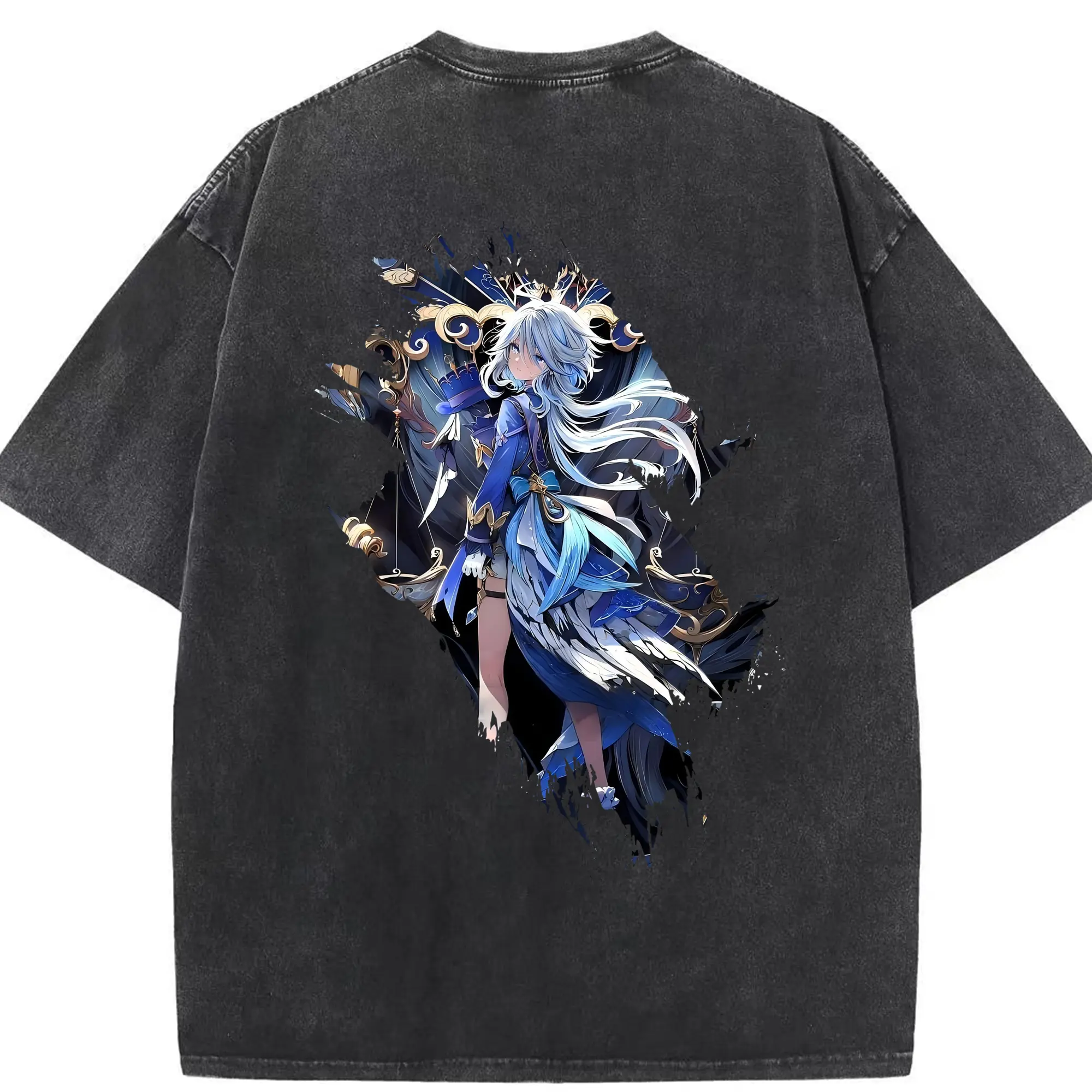 原 神 グッズ フリーナ - 綿100％ ヴィンテージ風 半袖Tシャツ ・ 背面プリント ・ 柔らか肌触り ・ 通気性 快適 ・ スポーツ カジュアル 外出用