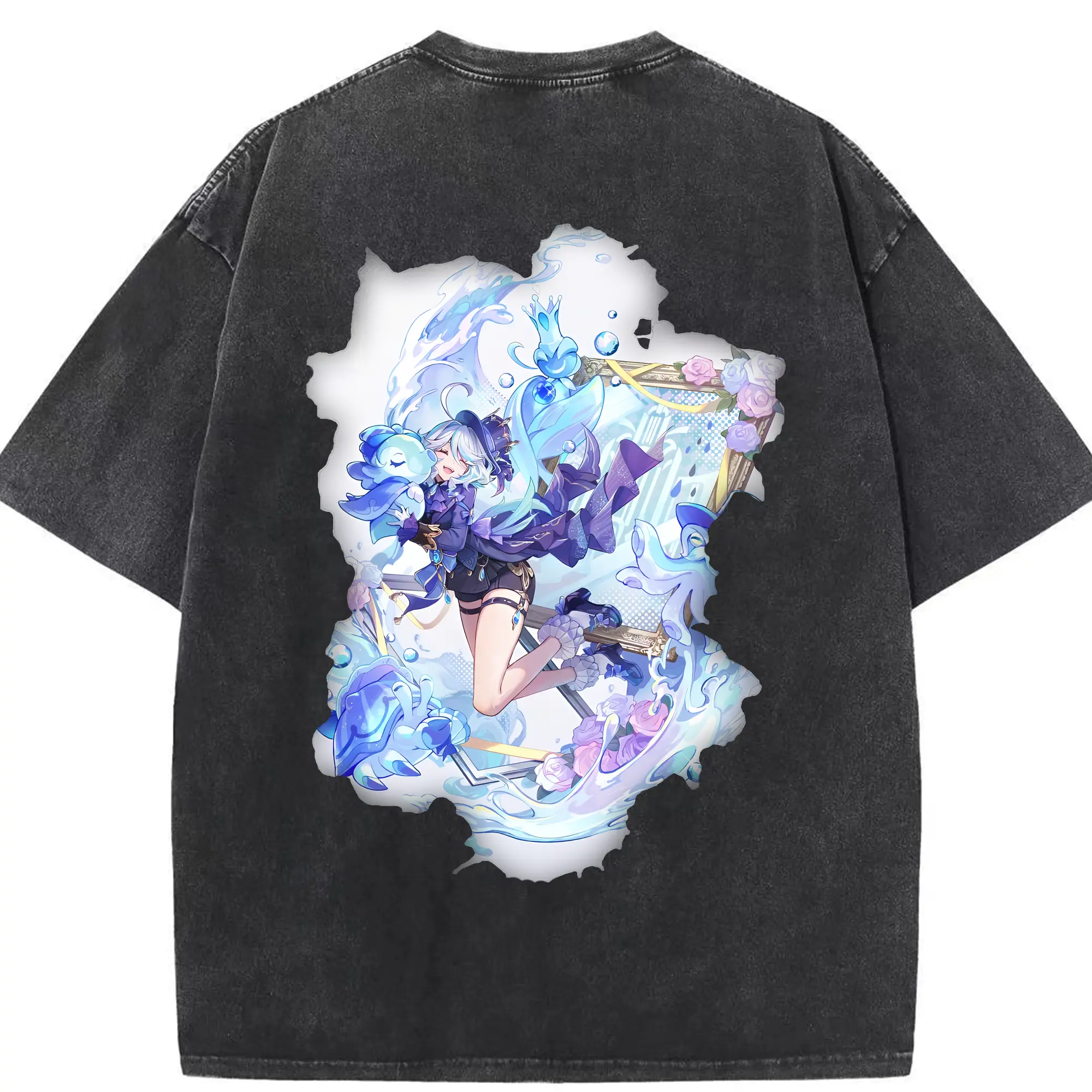 原 神 グッズ フリーナ - 綿100％ ヴィンテージ風 半袖Tシャツ ・ 背面プリント ・ 柔らか肌触り ・ 通気性 快適 ・ スポーツ カジュアル 外出用