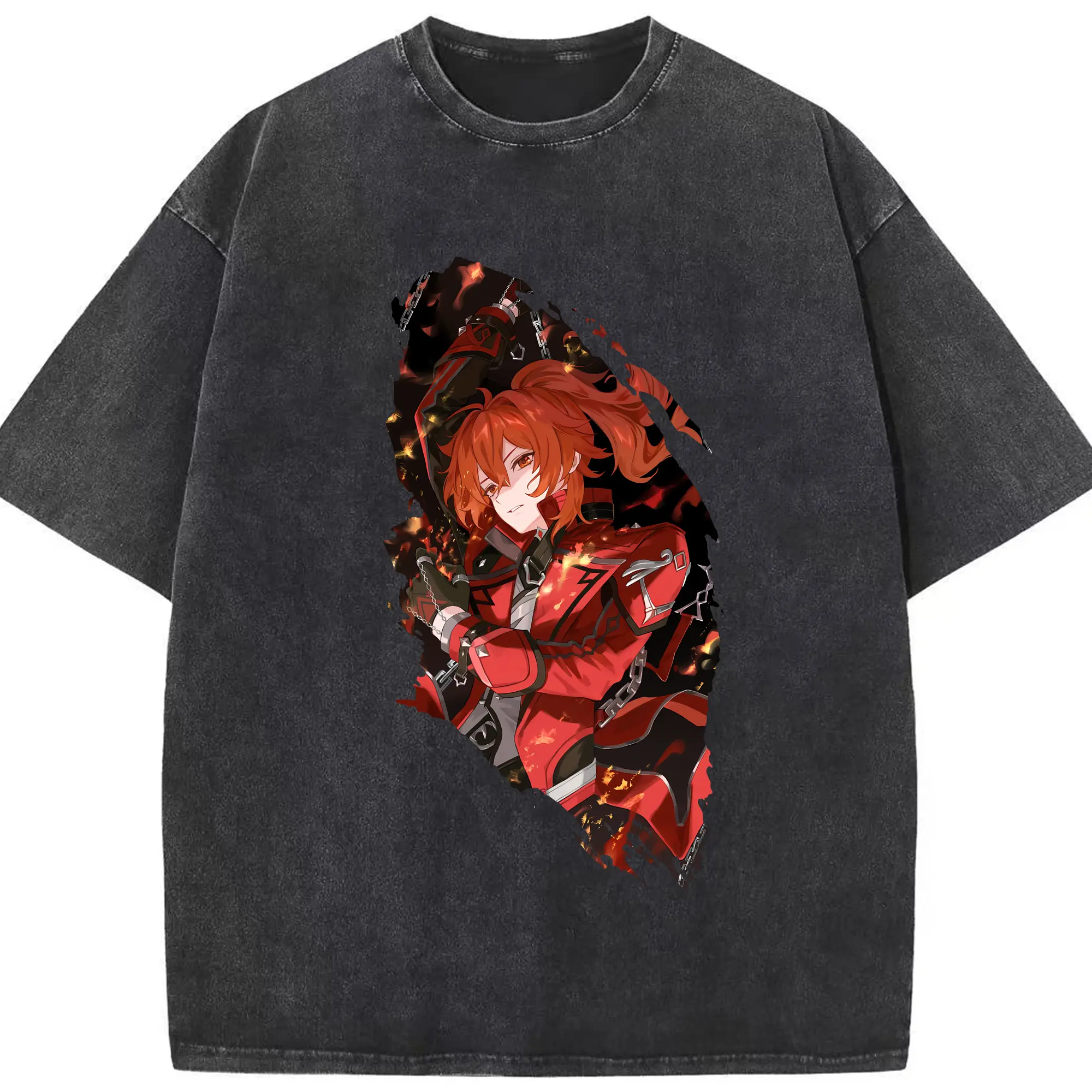 原 神 グッズ ディルック - 綿100％ ヴィンテージ風 半袖Tシャツ ・ フロントプリント ・ 柔らか肌触り ・ 通気性 快適 ・ スポーツ カジュアル 外出用