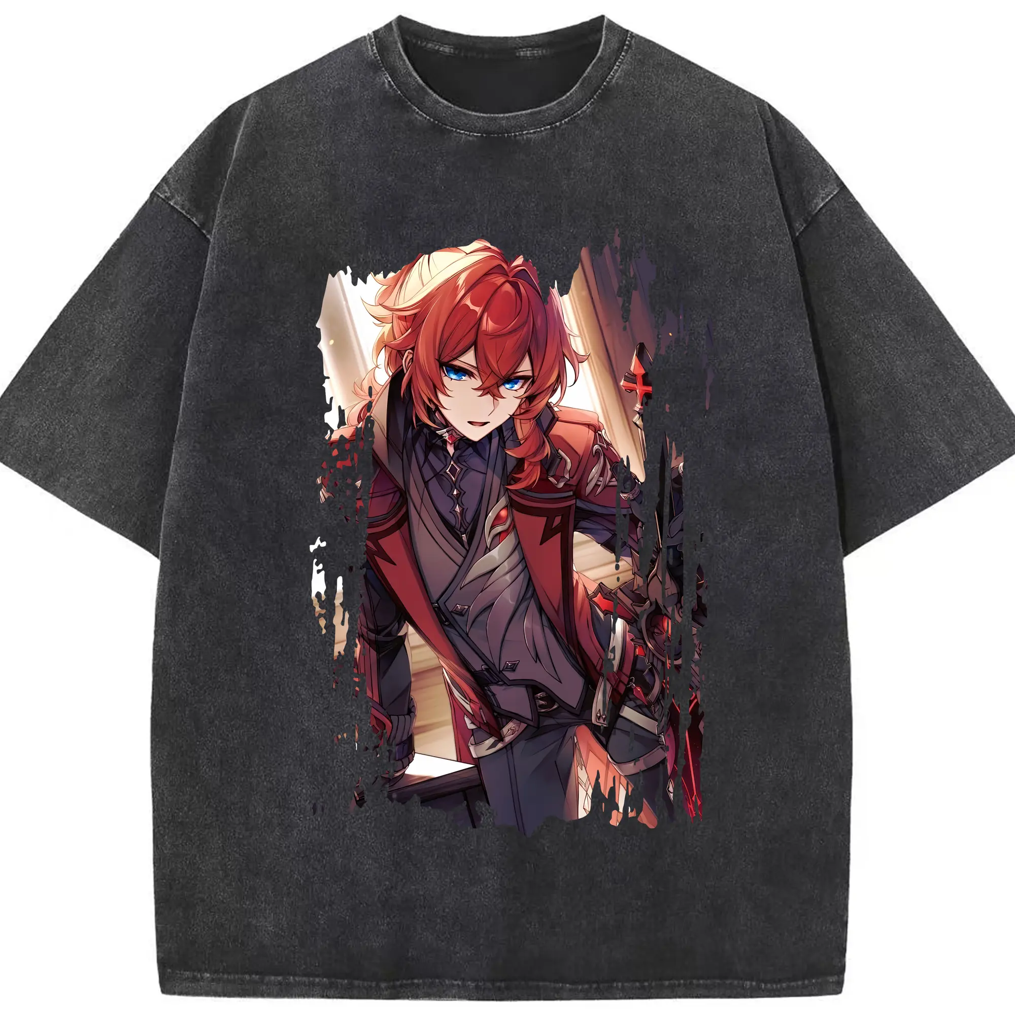 原 神 グッズ ディルック - 綿100％ ヴィンテージ風 半袖Tシャツ ・ フロントプリント ・ 柔らか肌触り ・ 通気性 快適 ・ スポーツ カジュアル 外出用