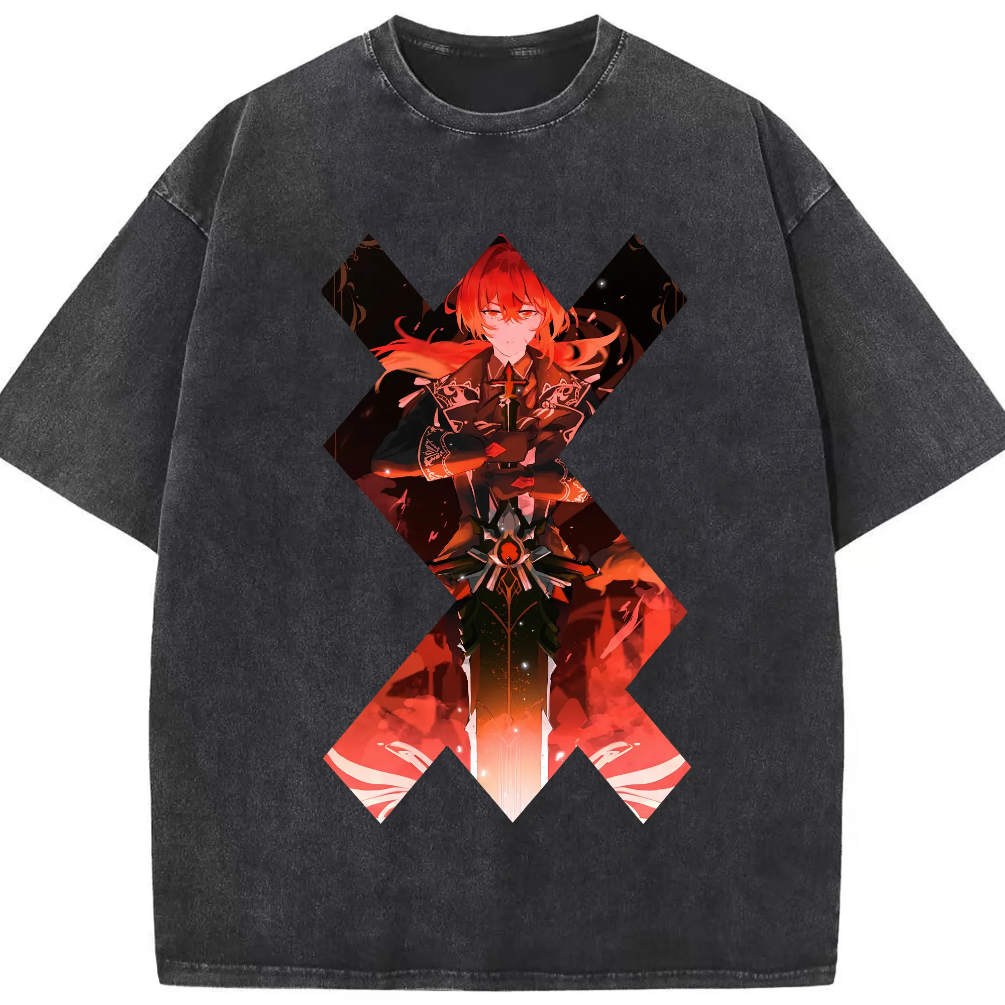 原 神 グッズ ディルック - 綿100％ ヴィンテージ風 半袖Tシャツ ・ フロントプリント ・ 柔らか肌触り ・ 通気性 快適 ・ スポーツ カジュアル 外出用