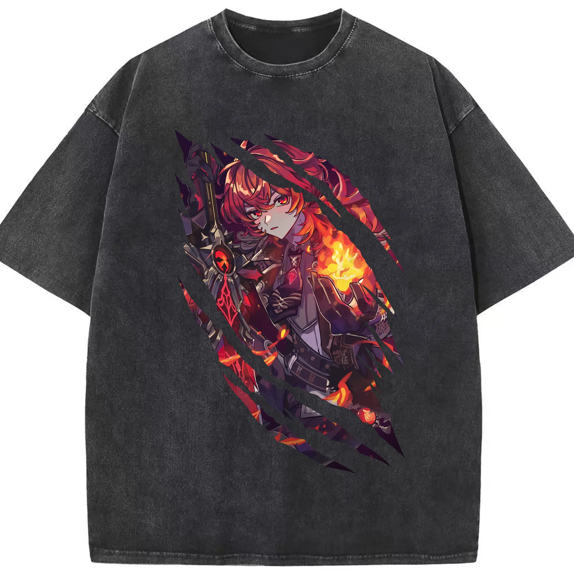 原 神 グッズ ディルック - 綿100％ ヴィンテージ風 半袖Tシャツ ・ フロントプリント ・ 柔らか肌触り ・ 通気性 快適 ・ スポーツ カジュアル 外出用