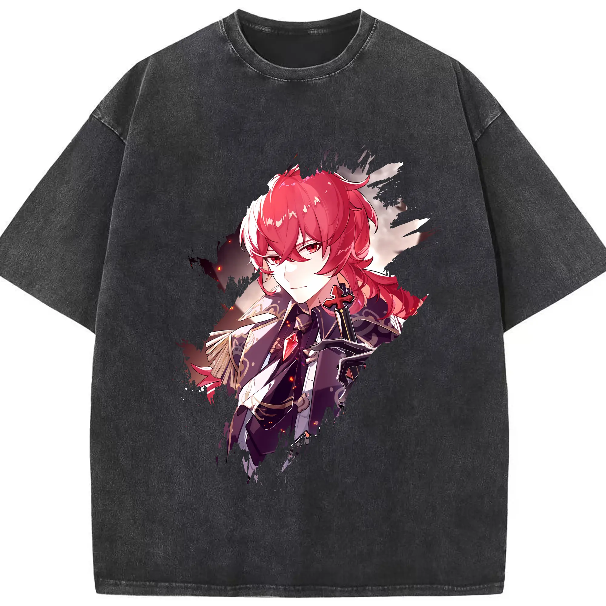 原 神 グッズ ディルック - 綿100％ ヴィンテージ風 半袖Tシャツ ・ フロントプリント ・ 柔らか肌触り ・ 通気性 快適 ・ スポーツ カジュアル 外出用