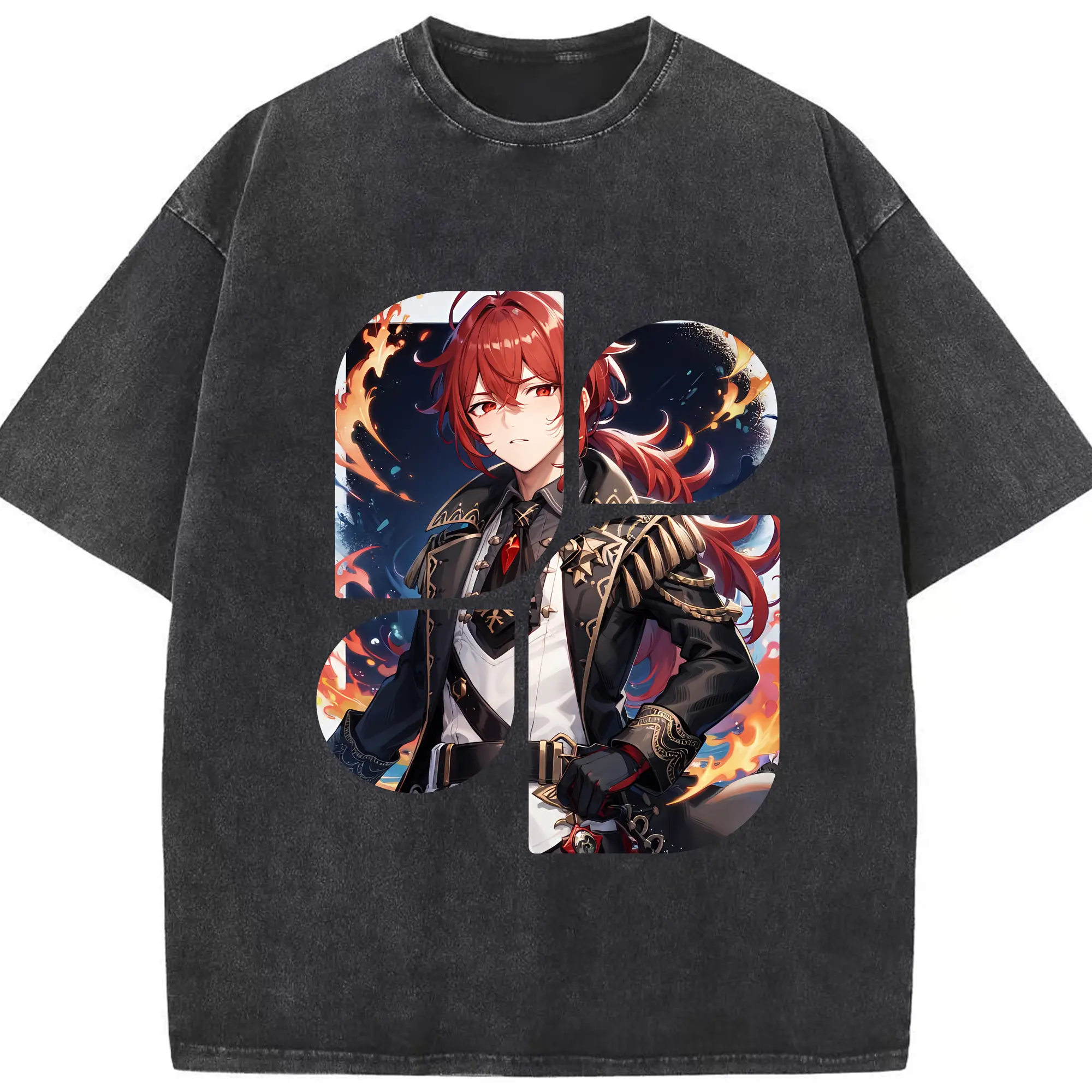 原 神 グッズ ディルック - 綿100％ ヴィンテージ風 半袖Tシャツ ・ フロントプリント ・ 柔らか肌触り ・ 通気性 快適 ・ スポーツ カジュアル 外出用