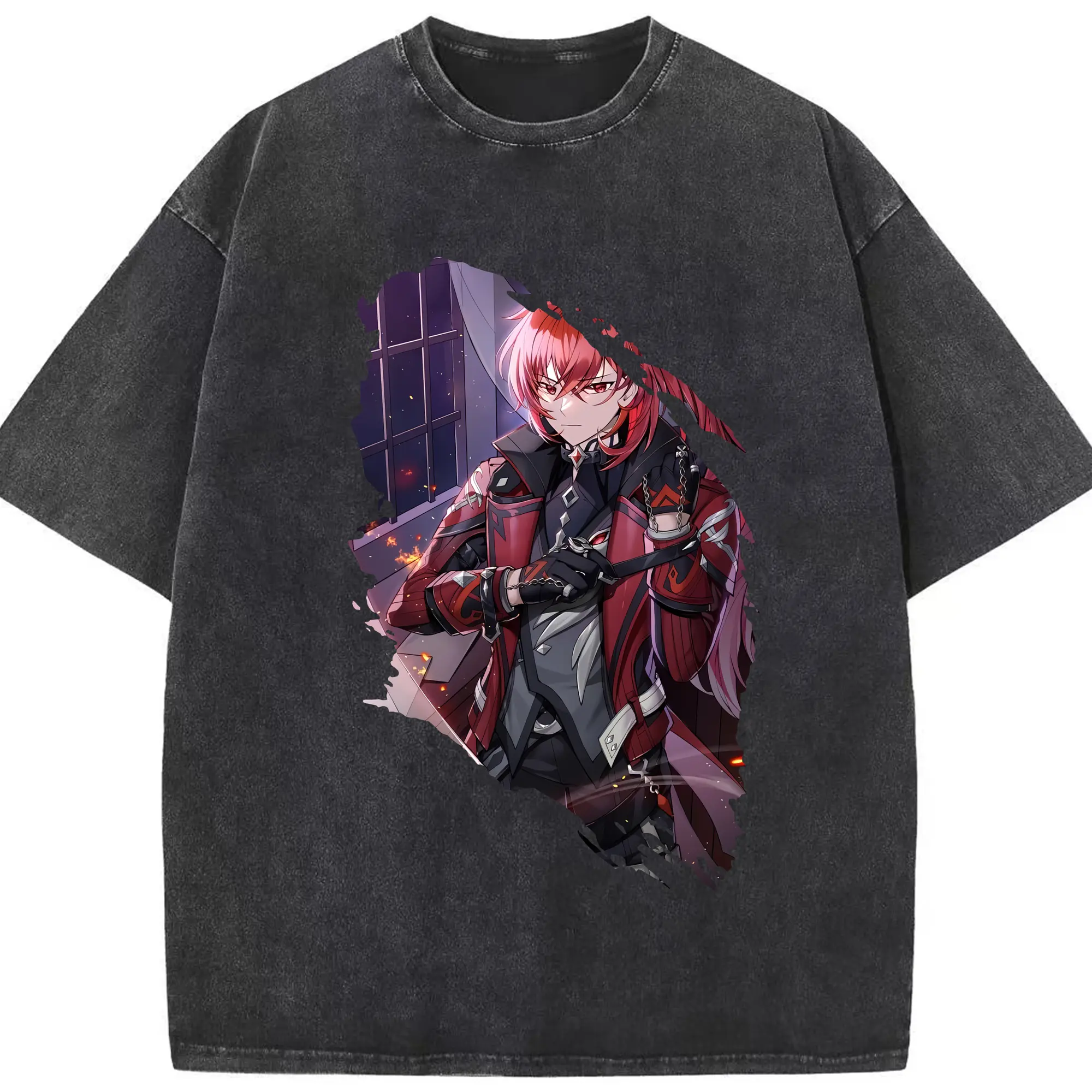 原 神 グッズ ディルック - 綿100％ ヴィンテージ風 半袖Tシャツ ・ フロントプリント ・ 柔らか肌触り ・ 通気性 快適 ・ スポーツ カジュアル 外出用