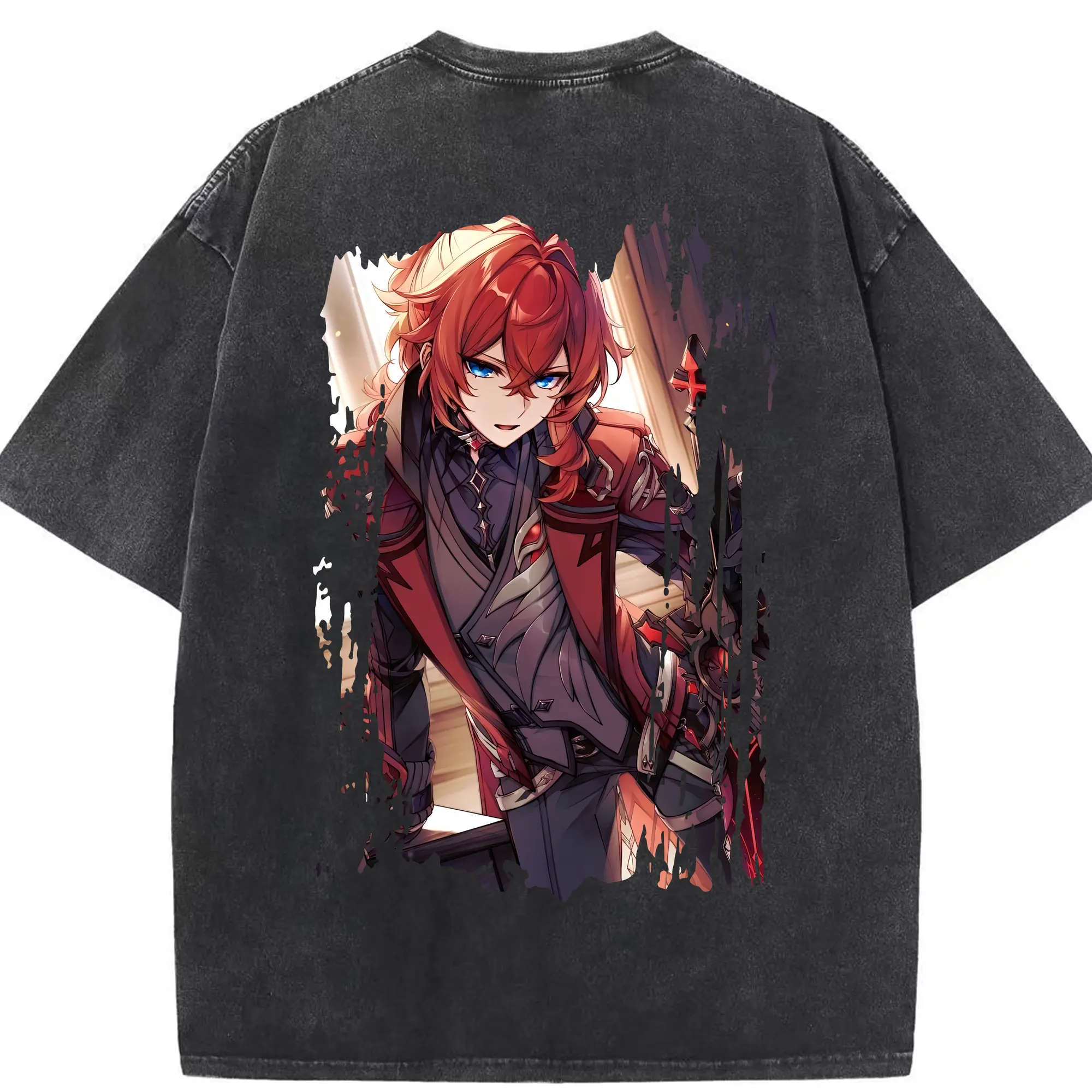 原 神 グッズ ディルック - 綿100％ ヴィンテージ風 半袖Tシャツ ・ 背面プリント ・ 柔らか肌触り ・ 通気性 快適 ・ スポーツ カジュアル 外出用