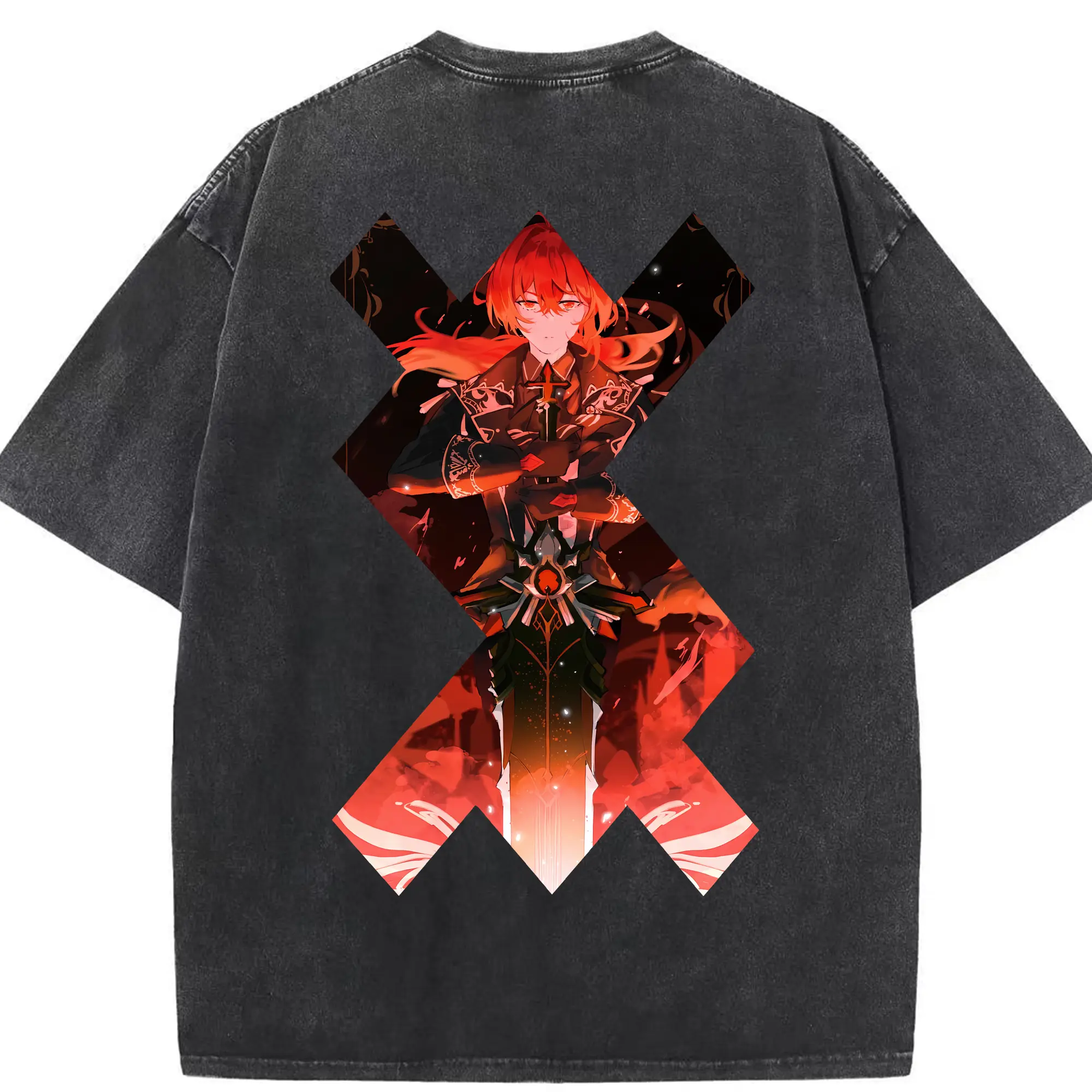 原 神 グッズ ディルック - 綿100％ ヴィンテージ風 半袖Tシャツ ・ 背面プリント ・ 柔らか肌触り ・ 通気性 快適 ・ スポーツ カジュアル 外出用