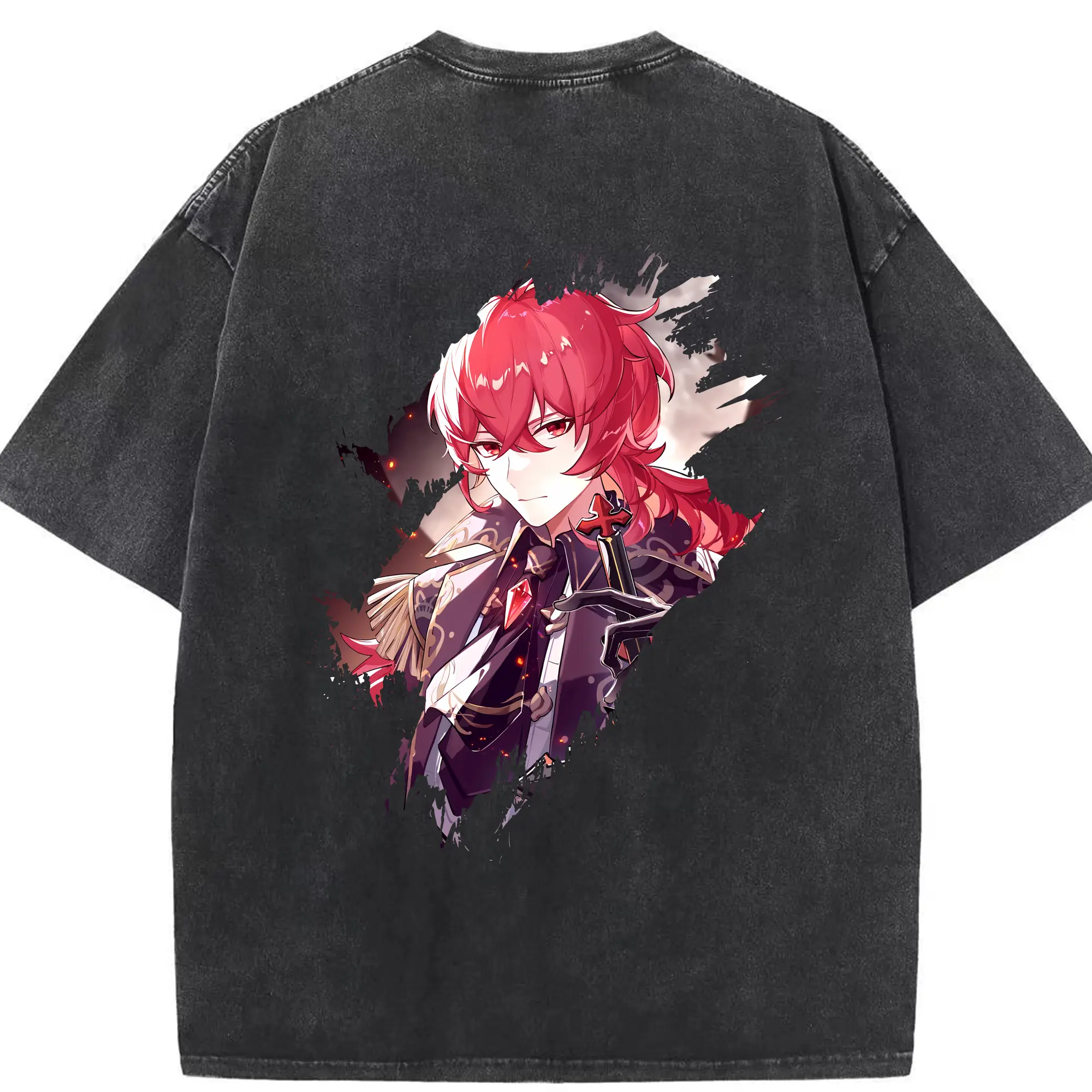 原 神 グッズ ディルック - 綿100％ ヴィンテージ風 半袖Tシャツ ・ 背面プリント ・ 柔らか肌触り ・ 通気性 快適 ・ スポーツ カジュアル 外出用