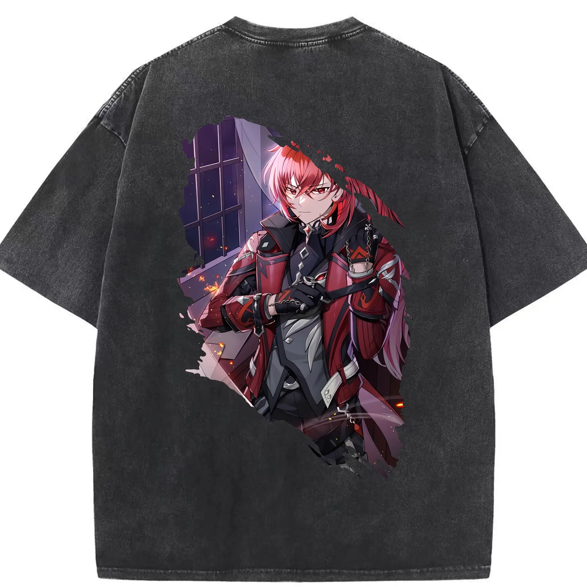 原 神 グッズ ディルック - 綿100％ ヴィンテージ風 半袖Tシャツ ・ 背面プリント ・ 柔らか肌触り ・ 通気性 快適 ・ スポーツ カジュアル 外出用