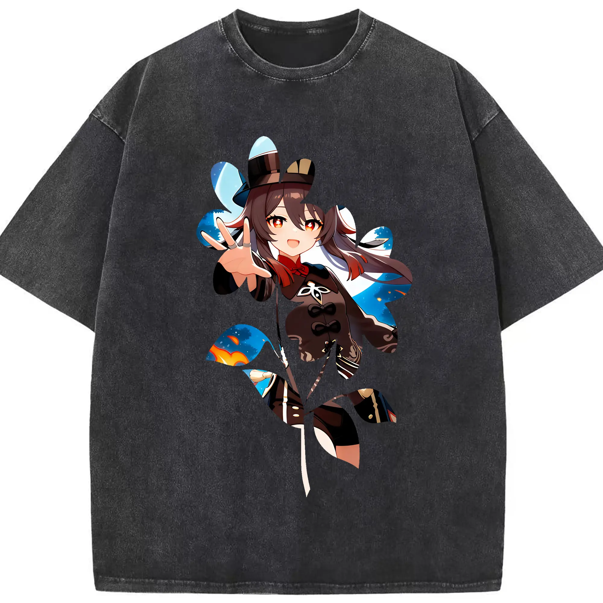 原 神 グッズ フータオ - 綿100％ ヴィンテージ風 半袖Tシャツ ・ フロントプリント ・ 柔らか肌触り ・ 通気性 快適 ・ スポーツ カジュアル 外出用