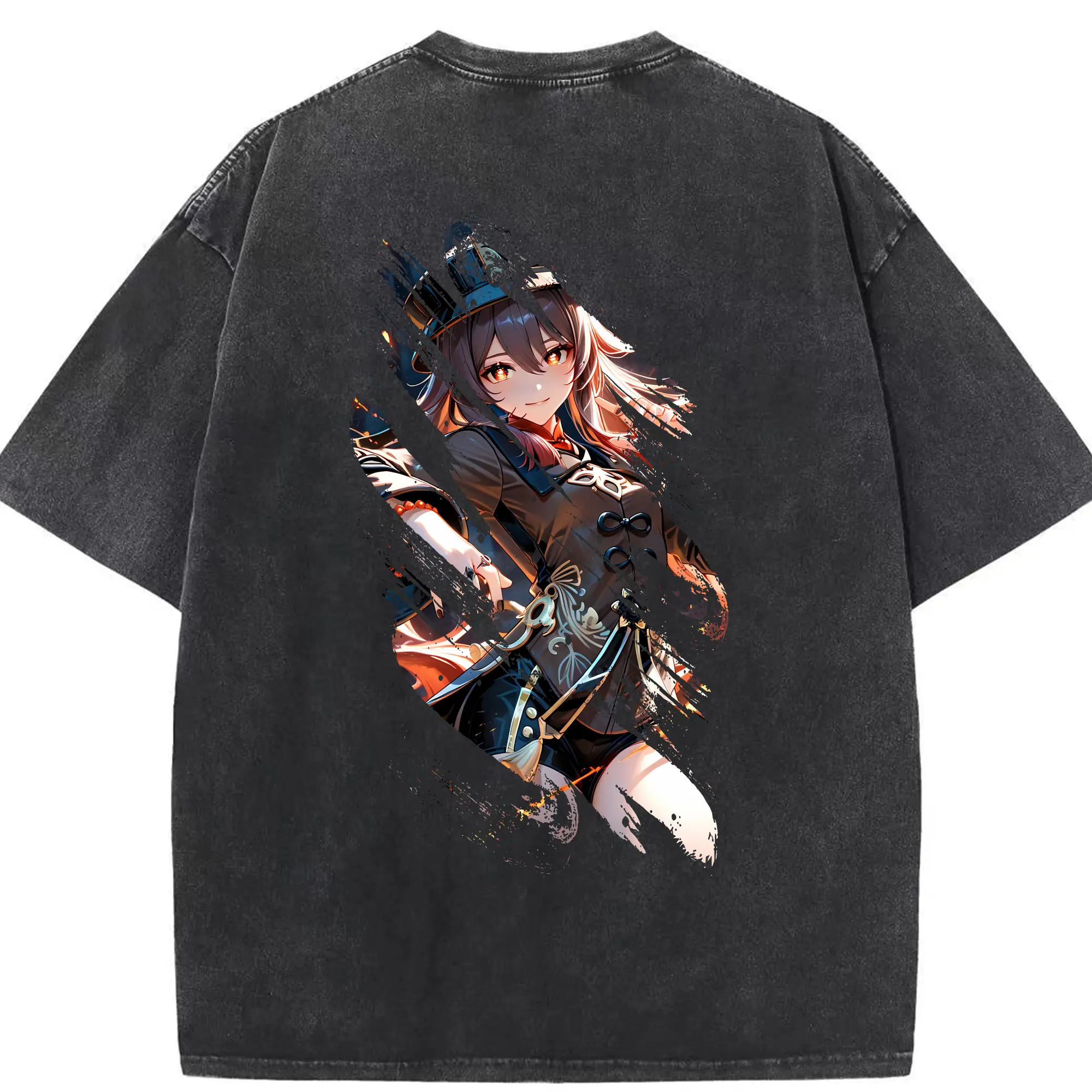 原 神 グッズ フータオ - 綿100％ ヴィンテージ風 半袖Tシャツ ・ 背面プリント ・ 柔らか肌触り ・ 通気性 快適 ・ スポーツ カジュアル 外出用