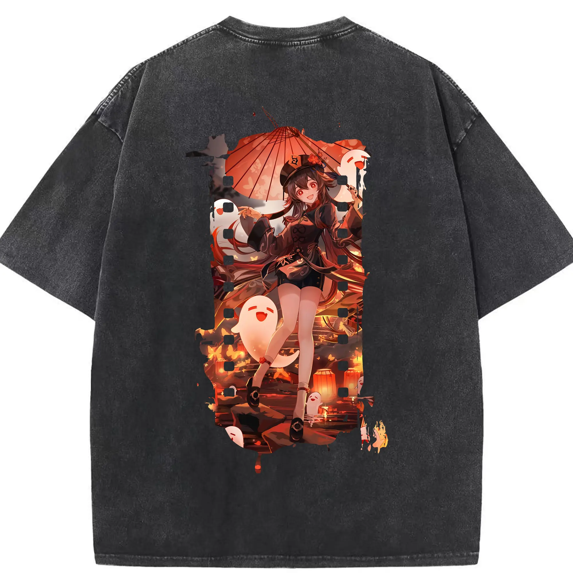 原 神 グッズ フータオ - 綿100％ ヴィンテージ風 半袖Tシャツ ・ 背面プリント ・ 柔らか肌触り ・ 通気性 快適 ・ スポーツ カジュアル 外出用