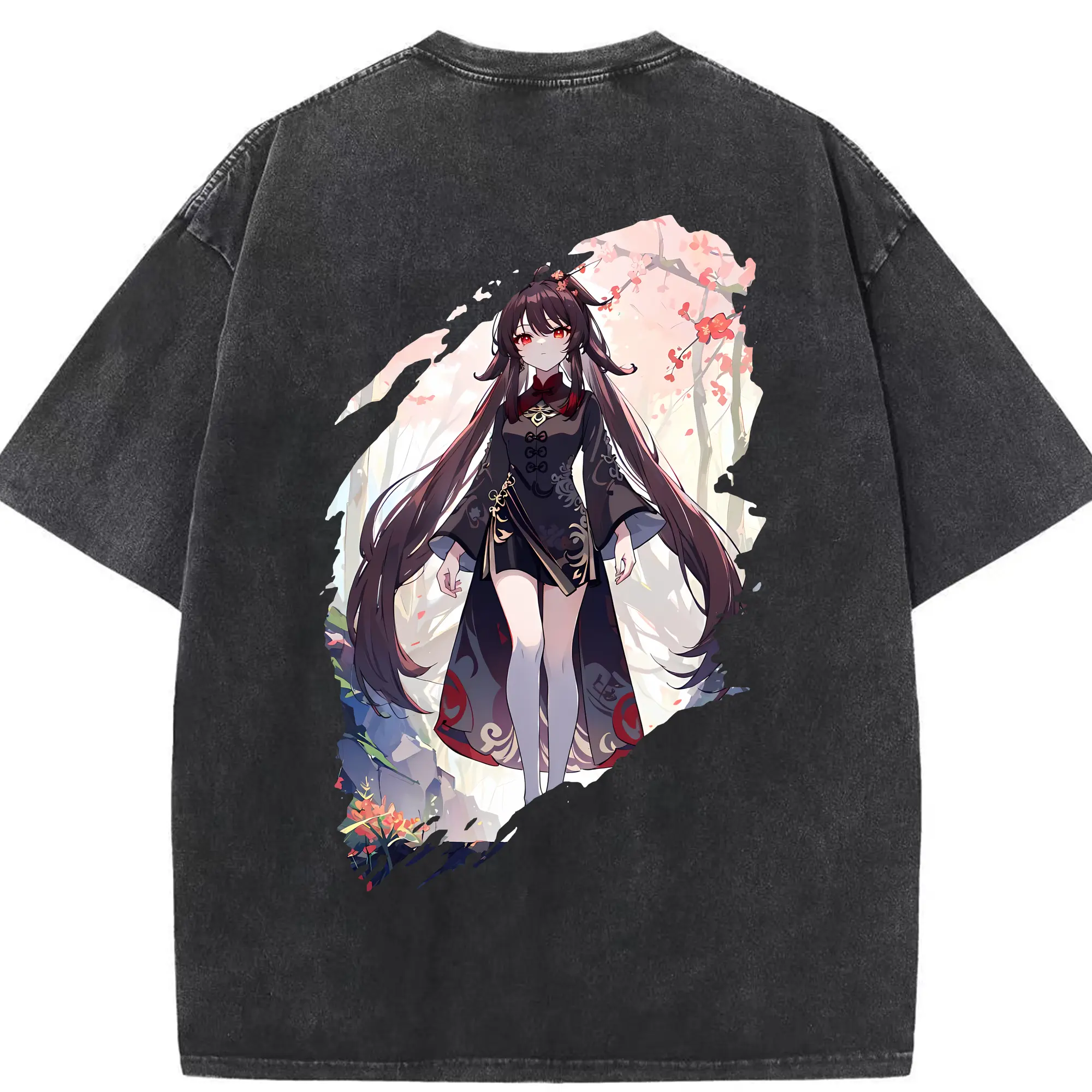 原 神 グッズ フータオ - 綿100％ ヴィンテージ風 半袖Tシャツ ・ 背面プリント ・ 柔らか肌触り ・ 通気性 快適 ・ スポーツ カジュアル 外出用