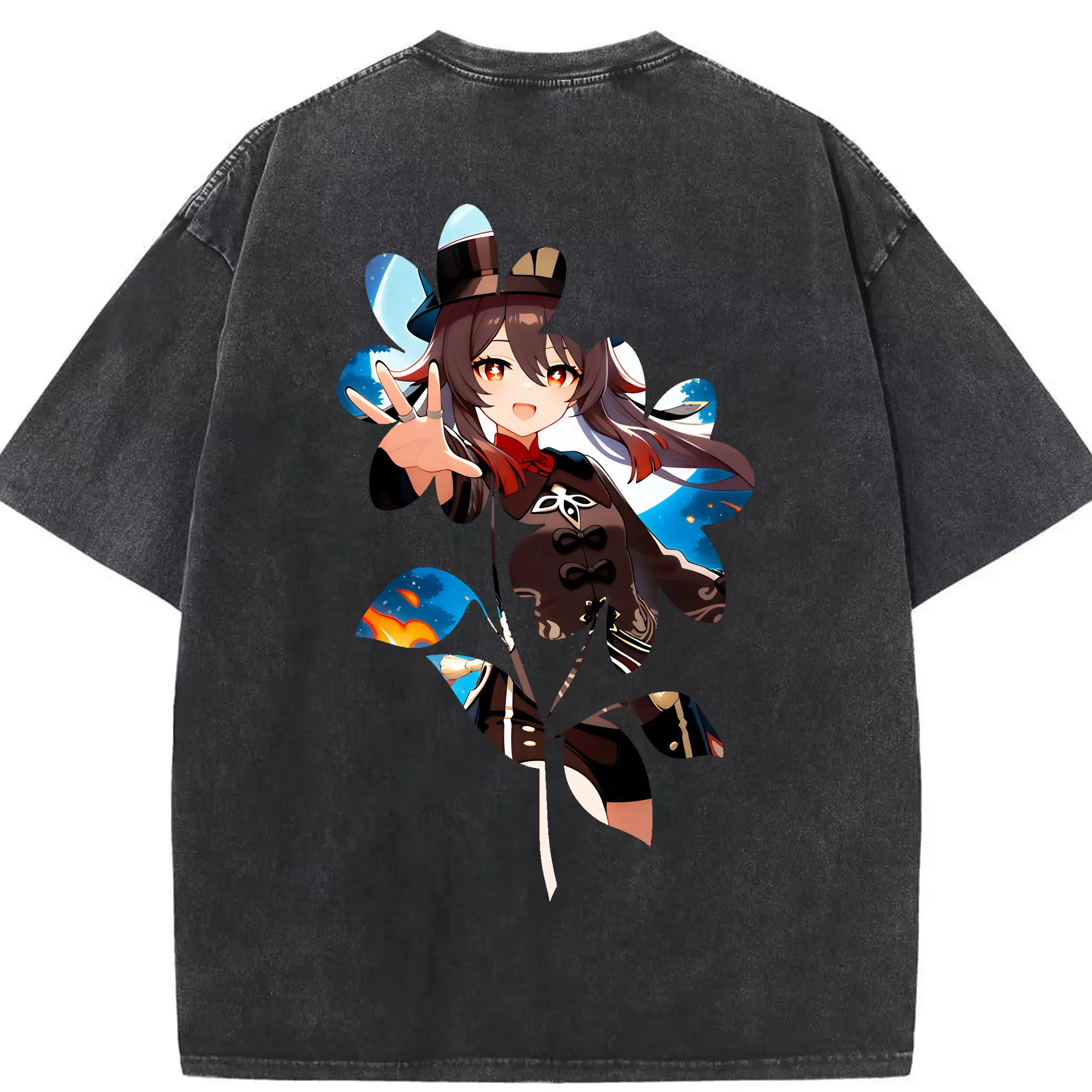 原 神 グッズ フータオ - 綿100％ ヴィンテージ風 半袖Tシャツ ・ 背面プリント ・ 柔らか肌触り ・ 通気性 快適 ・ スポーツ カジュアル 外出用