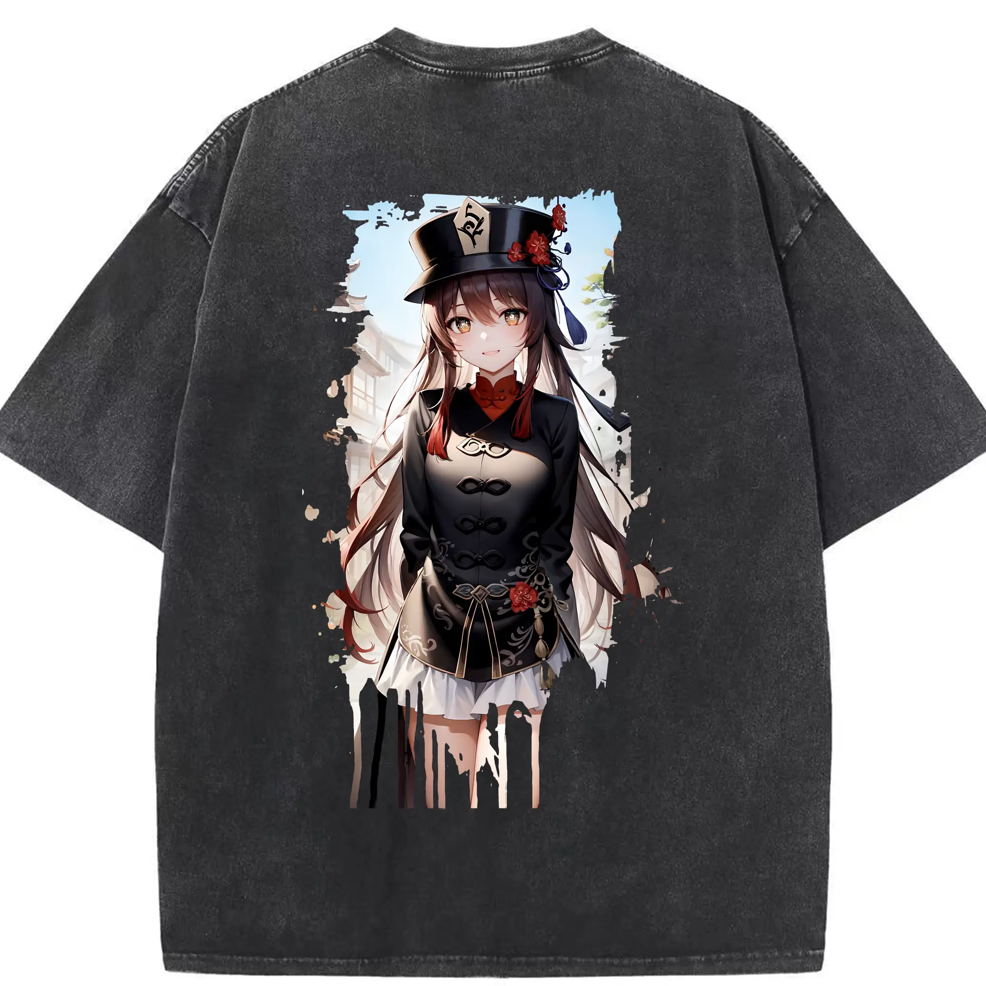 原 神 グッズ フータオ - 綿100％ ヴィンテージ風 半袖Tシャツ ・ 背面プリント ・ 柔らか肌触り ・ 通気性 快適 ・ スポーツ カジュアル 外出用