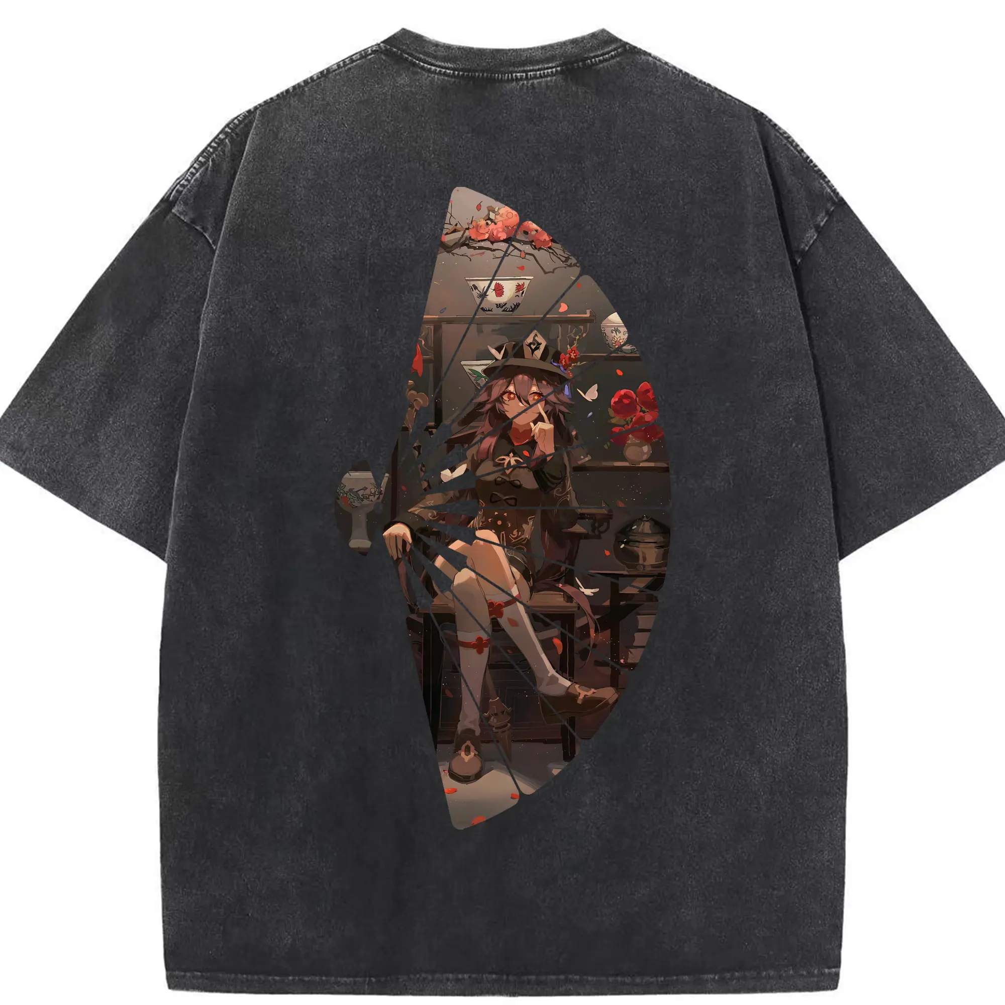 原 神 グッズ フータオ - 綿100％ ヴィンテージ風 半袖Tシャツ ・ 背面プリント ・ 柔らか肌触り ・ 通気性 快適 ・ スポーツ カジュアル 外出用