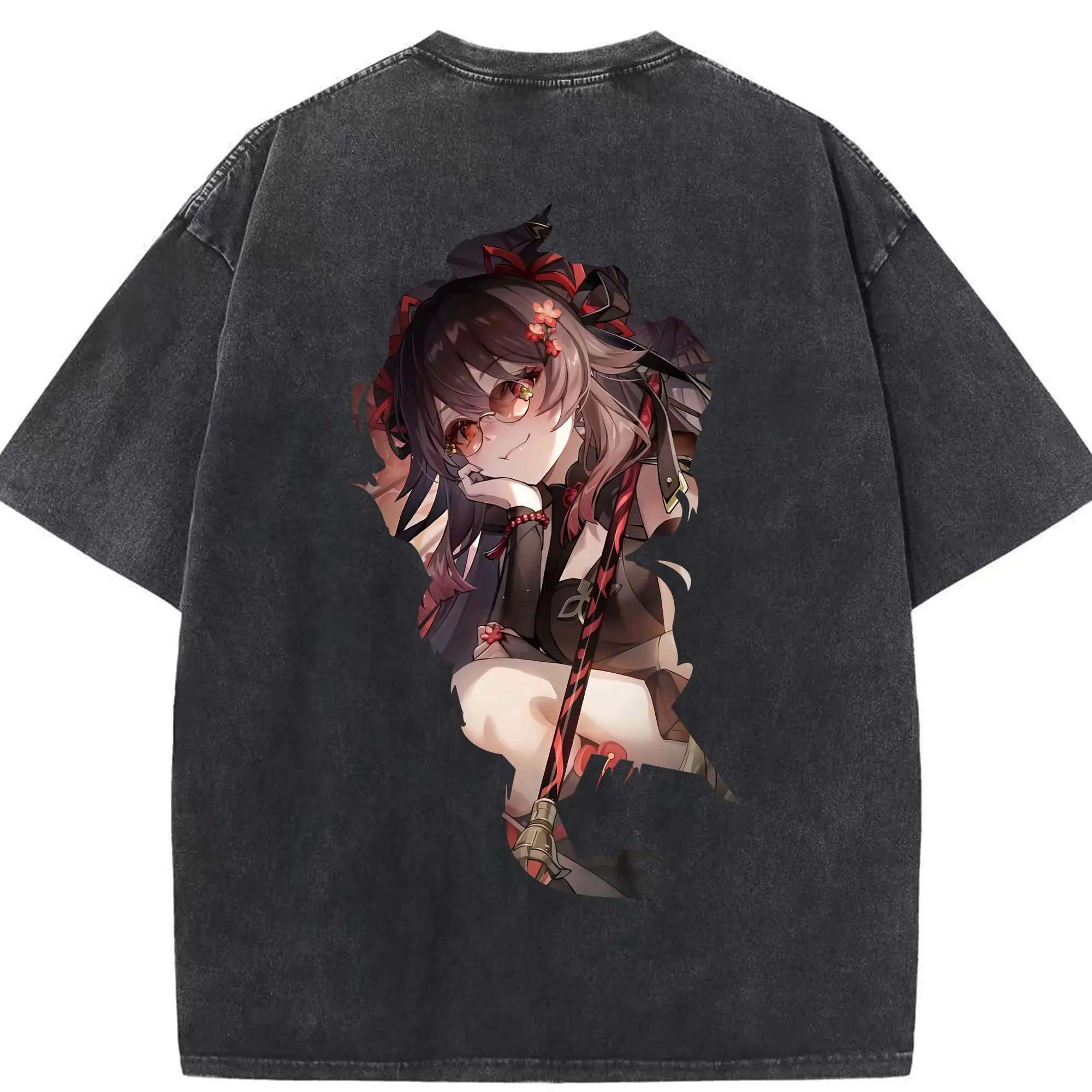 原 神 グッズ フータオ - 綿100％ ヴィンテージ風 半袖Tシャツ ・ 背面プリント ・ 柔らか肌触り ・ 通気性 快適 ・ スポーツ カジュアル 外出用