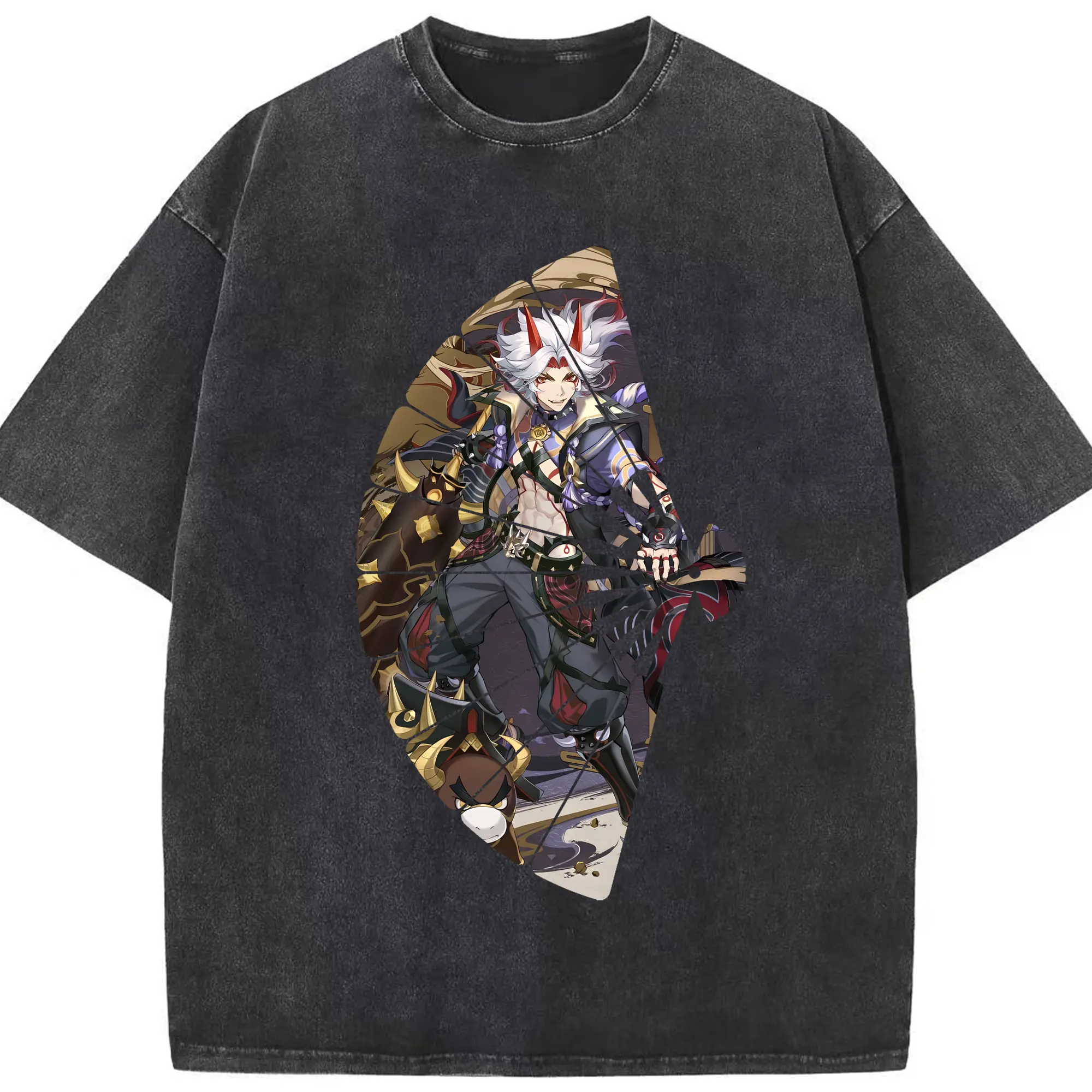 原 神 グッズ 荒瀧 一 斗 - 綿100％ ヴィンテージ風 半袖Tシャツ ・ フロントプリント ・ 柔らか肌触り ・ 通気性 快適 ・ スポーツ カジュアル 外出用