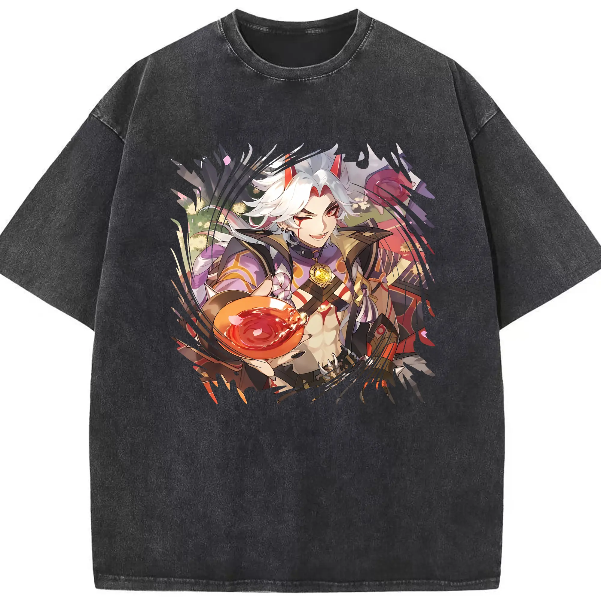 原 神 グッズ 荒瀧 一 斗 - 綿100％ ヴィンテージ風 半袖Tシャツ ・ フロントプリント ・ 柔らか肌触り ・ 通気性 快適 ・ スポーツ カジュアル 外出用