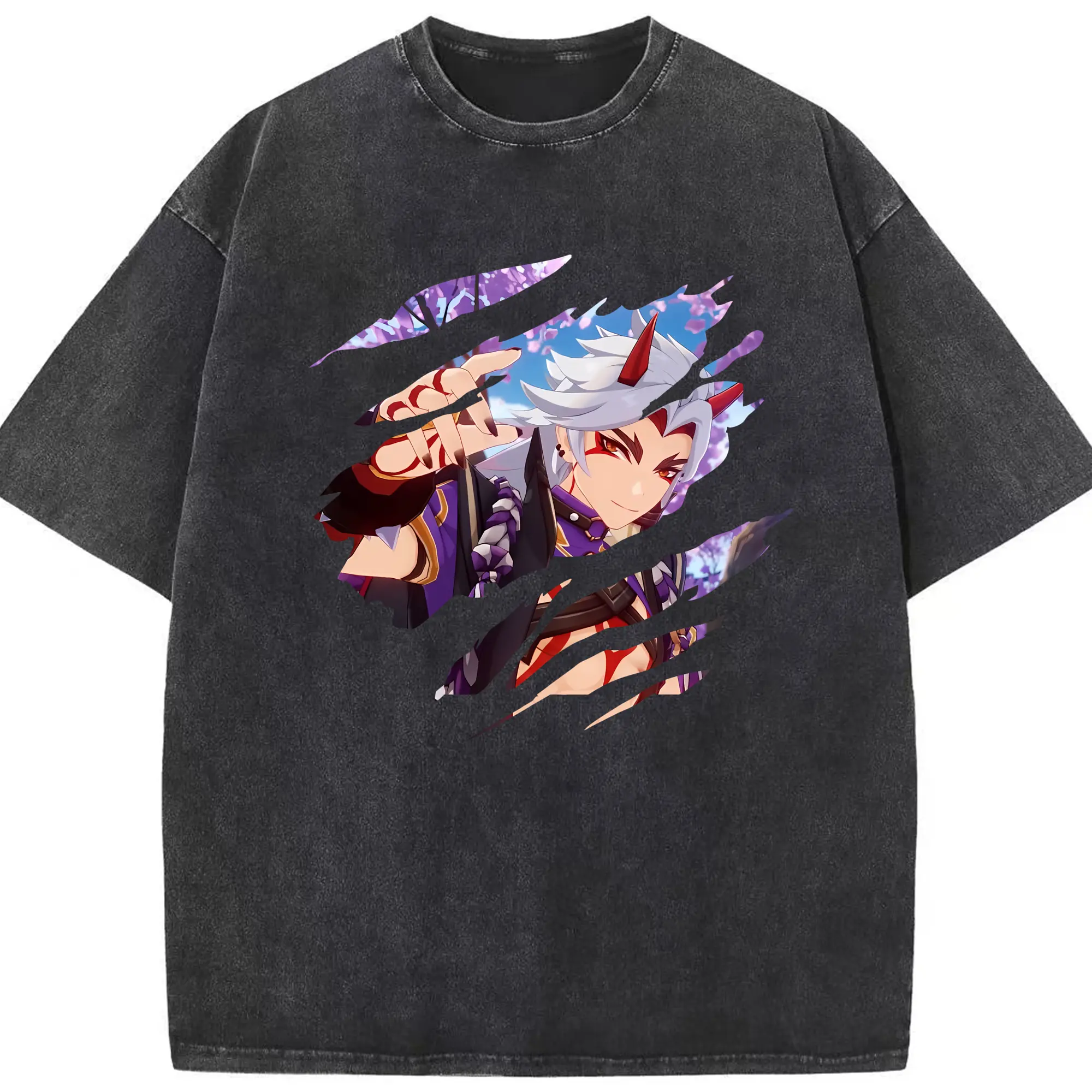 原 神 グッズ 荒瀧 一 斗 - 綿100％ ヴィンテージ風 半袖Tシャツ ・ フロントプリント ・ 柔らか肌触り ・ 通気性 快適 ・ スポーツ カジュアル 外出用