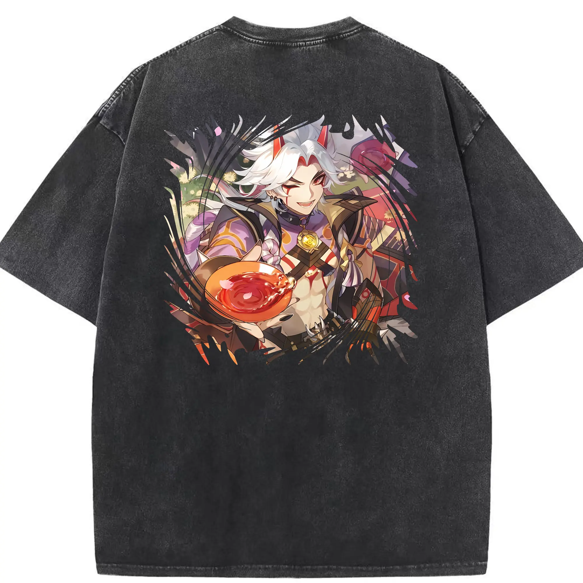 原 神 グッズ 荒瀧 一 斗 - 綿100％ ヴィンテージ風 半袖Tシャツ ・ 背面プリント ・ 柔らか肌触り ・ 通気性 快適 ・ スポーツ カジュアル 外出用