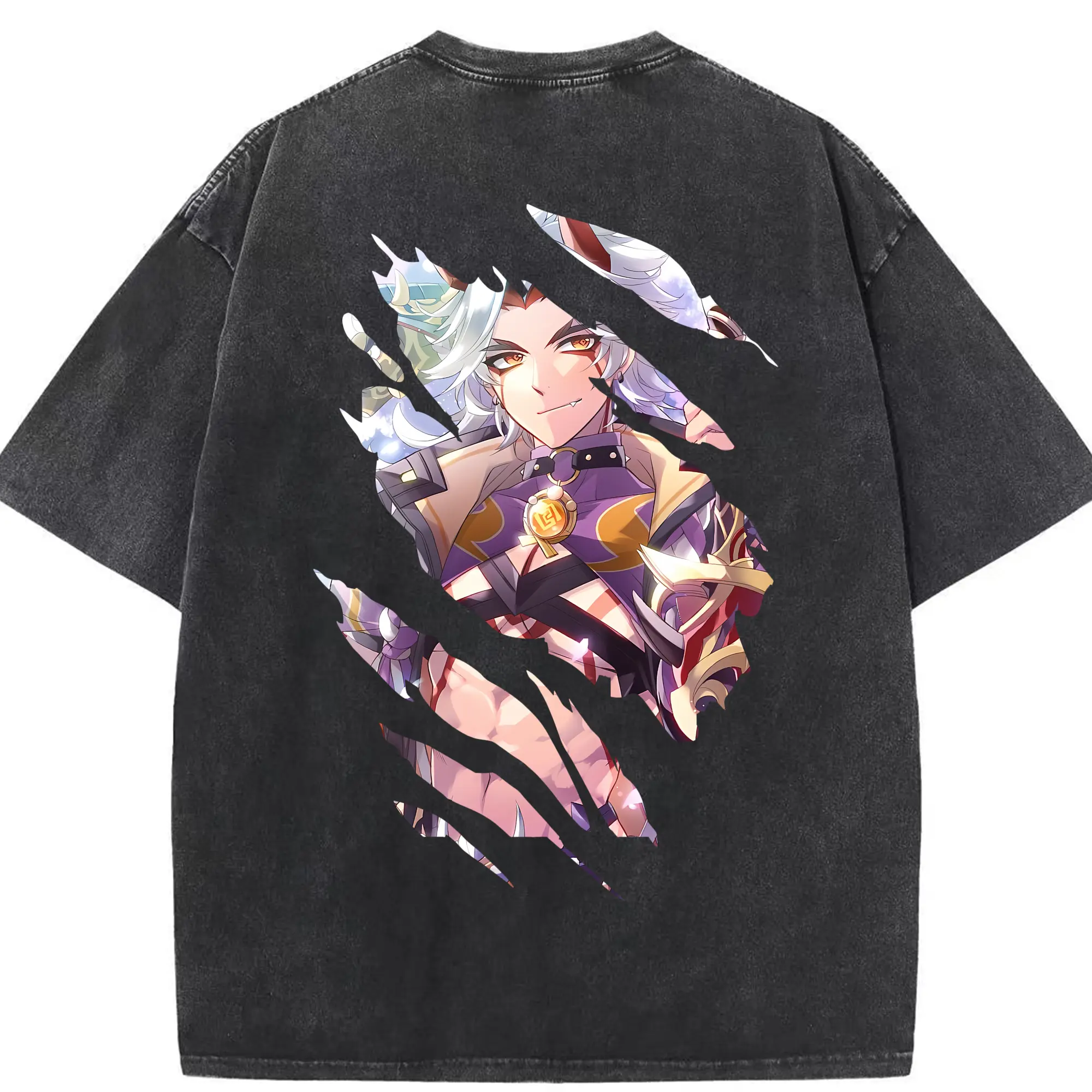 原 神 グッズ 荒瀧 一 斗 - 綿100％ ヴィンテージ風 半袖Tシャツ ・ 背面プリント ・ 柔らか肌触り ・ 通気性 快適 ・ スポーツ カジュアル 外出用