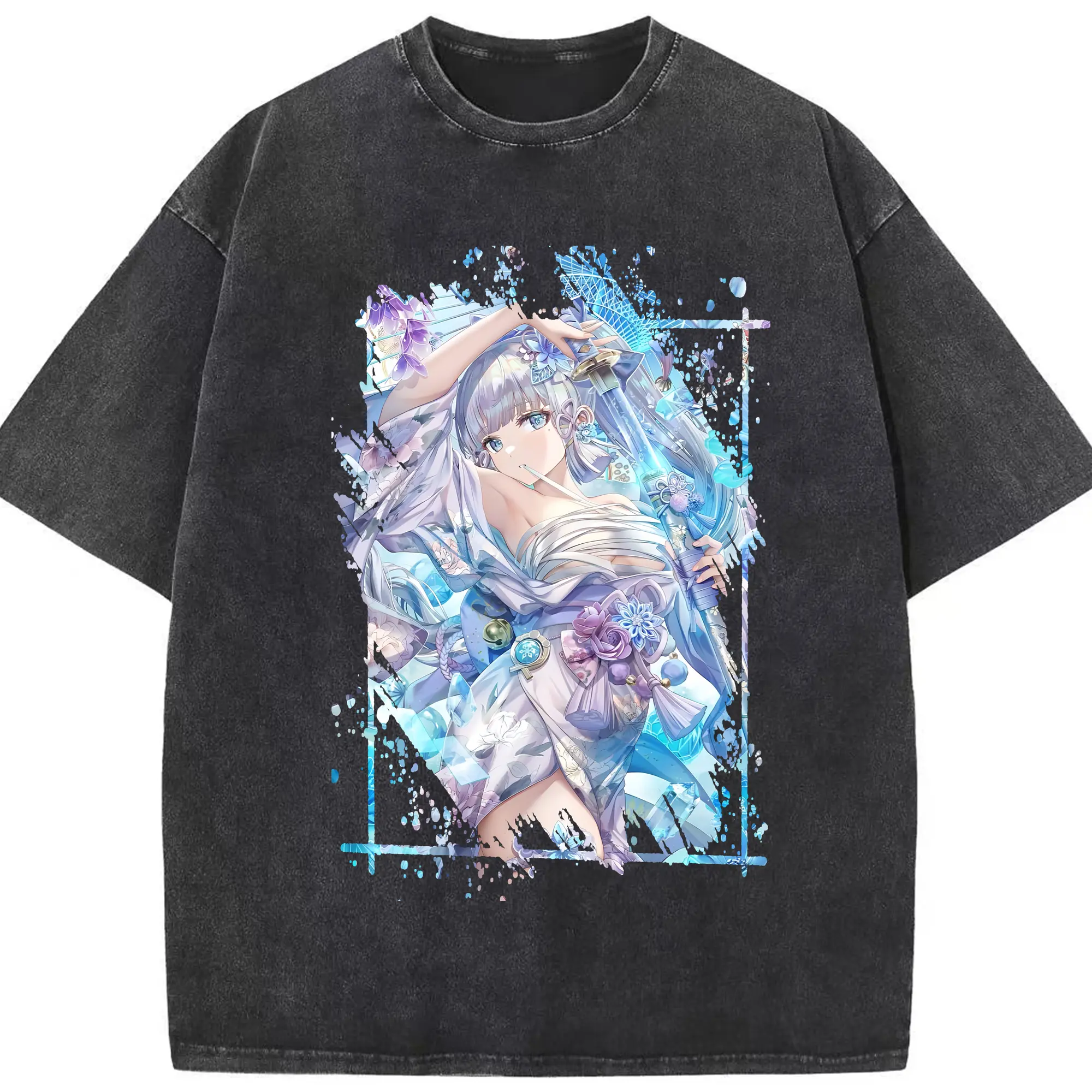 原 神 グッズ 神里綾華 - 綿100％ ヴィンテージ風 半袖Tシャツ ・ フロントプリント ・ 柔らか肌触り ・ 通気性 快適 ・ スポーツ カジュアル 外出用