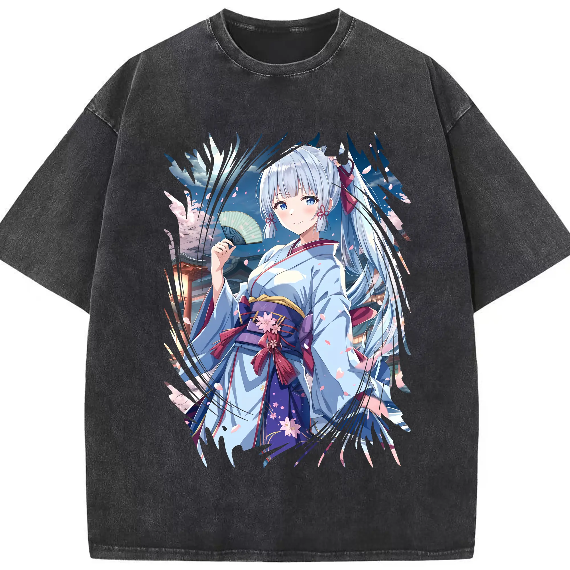 原 神 グッズ 神里綾華 - 綿100％ ヴィンテージ風 半袖Tシャツ ・ フロントプリント ・ 柔らか肌触り ・ 通気性 快適 ・ スポーツ カジュアル 外出用