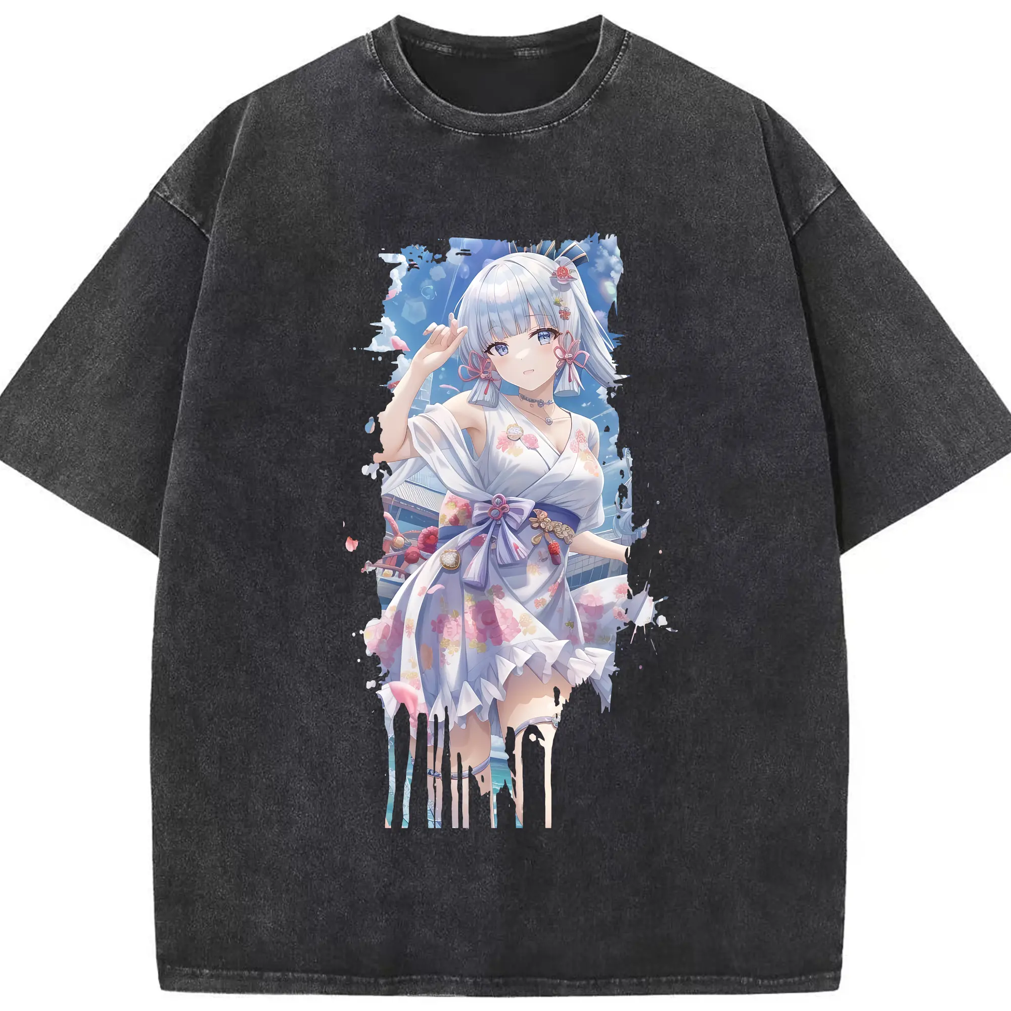 原 神 グッズ 神里綾華 - 綿100％ ヴィンテージ風 半袖Tシャツ ・ フロントプリント ・ 柔らか肌触り ・ 通気性 快適 ・ スポーツ カジュアル 外出用