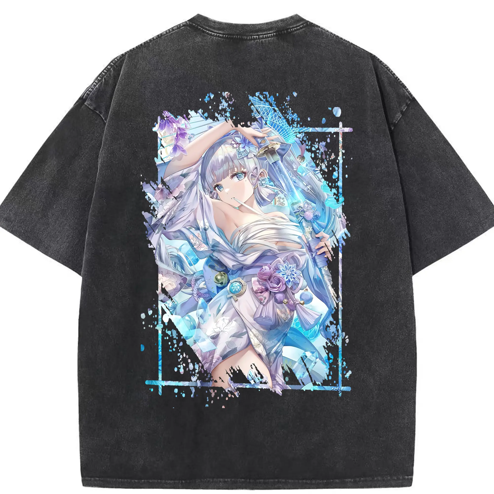 原 神 グッズ 神里綾華 - 綿100％ ヴィンテージ風 半袖Tシャツ ・ 背面プリント ・ 柔らか肌触り ・ 通気性 快適 ・ スポーツ カジュアル 外出用