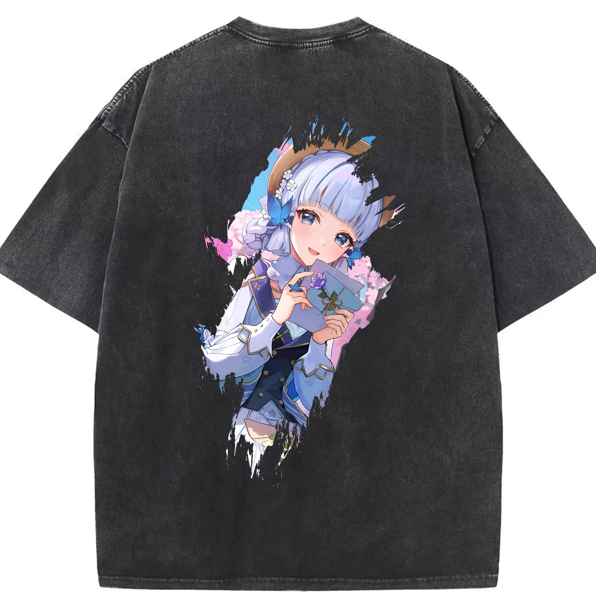 原 神 グッズ 神里綾華 - 綿100％ ヴィンテージ風 半袖Tシャツ ・ 背面プリント ・ 柔らか肌触り ・ 通気性 快適 ・ スポーツ カジュアル 外出用