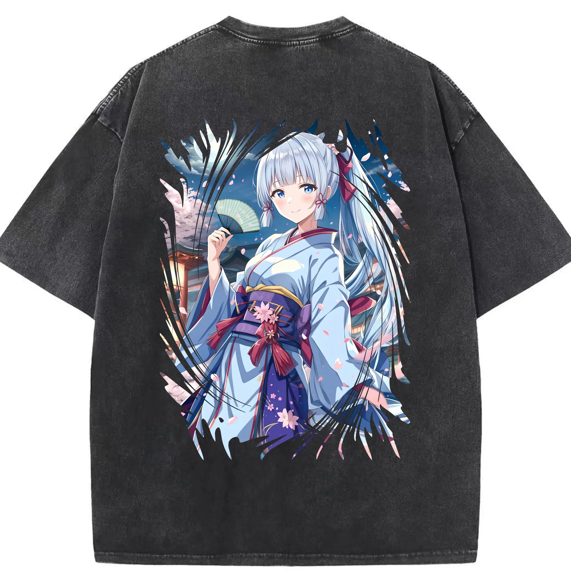 原 神 グッズ 神里綾華 - 綿100％ ヴィンテージ風 半袖Tシャツ ・ 背面プリント ・ 柔らか肌触り ・ 通気性 快適 ・ スポーツ カジュアル 外出用