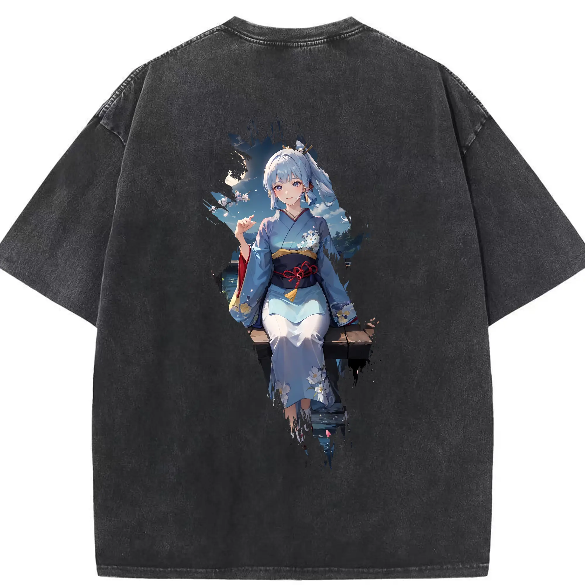 原 神 グッズ 神里綾華 - 綿100％ ヴィンテージ風 半袖Tシャツ ・ 背面プリント ・ 柔らか肌触り ・ 通気性 快適 ・ スポーツ カジュアル 外出用