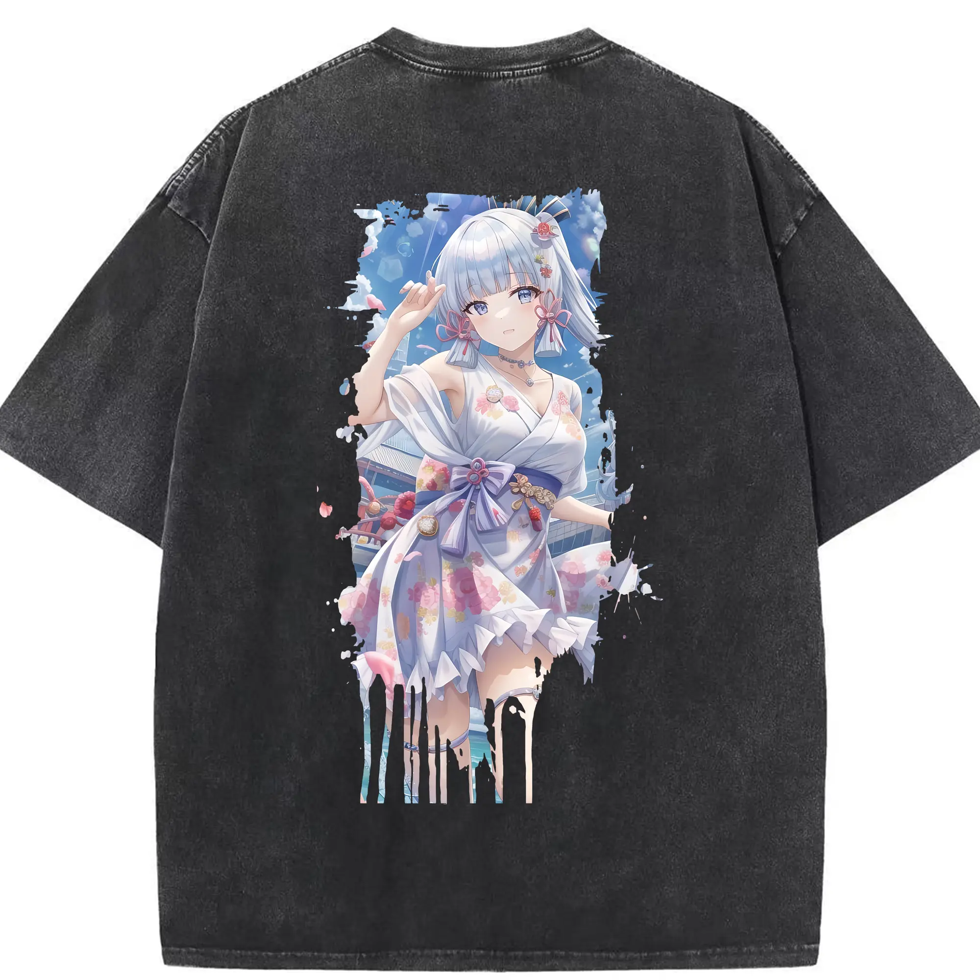 原 神 グッズ 神里綾華 - 綿100％ ヴィンテージ風 半袖Tシャツ ・ 背面プリント ・ 柔らか肌触り ・ 通気性 快適 ・ スポーツ カジュアル 外出用