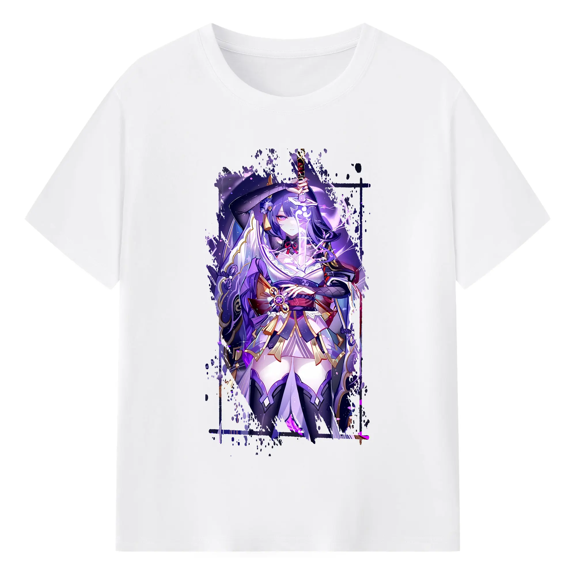 原 神 グッズ 雷電将軍 - 綿100％ 半袖Tシャツ ・ フロントプリント ・ 快適 通気性 ・ 日常使い 散歩 スポーツ用