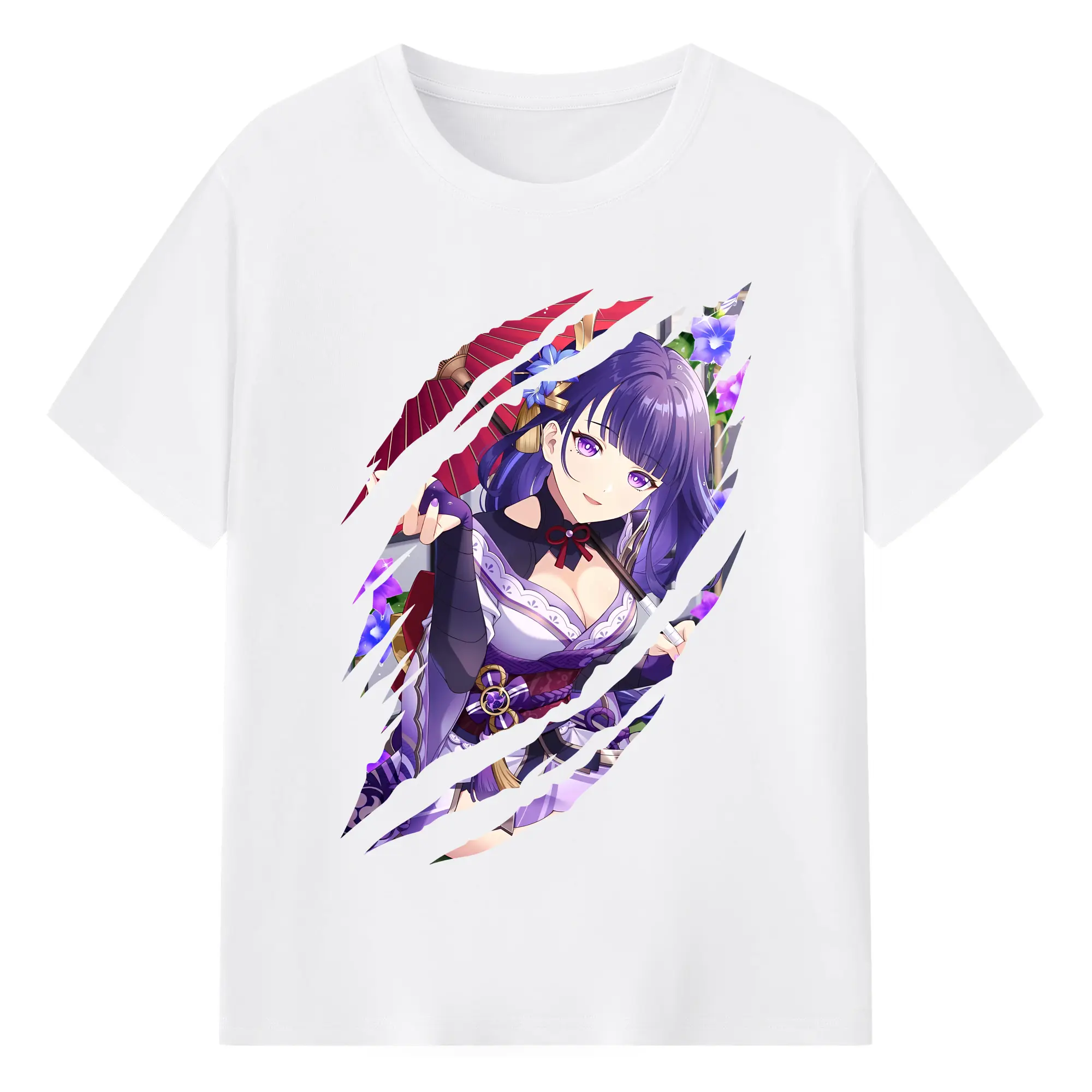 原 神 グッズ 雷電将軍 - 綿100％ 半袖Tシャツ ・ フロントプリント ・ 快適 通気性 ・ 日常使い 散歩 スポーツ用