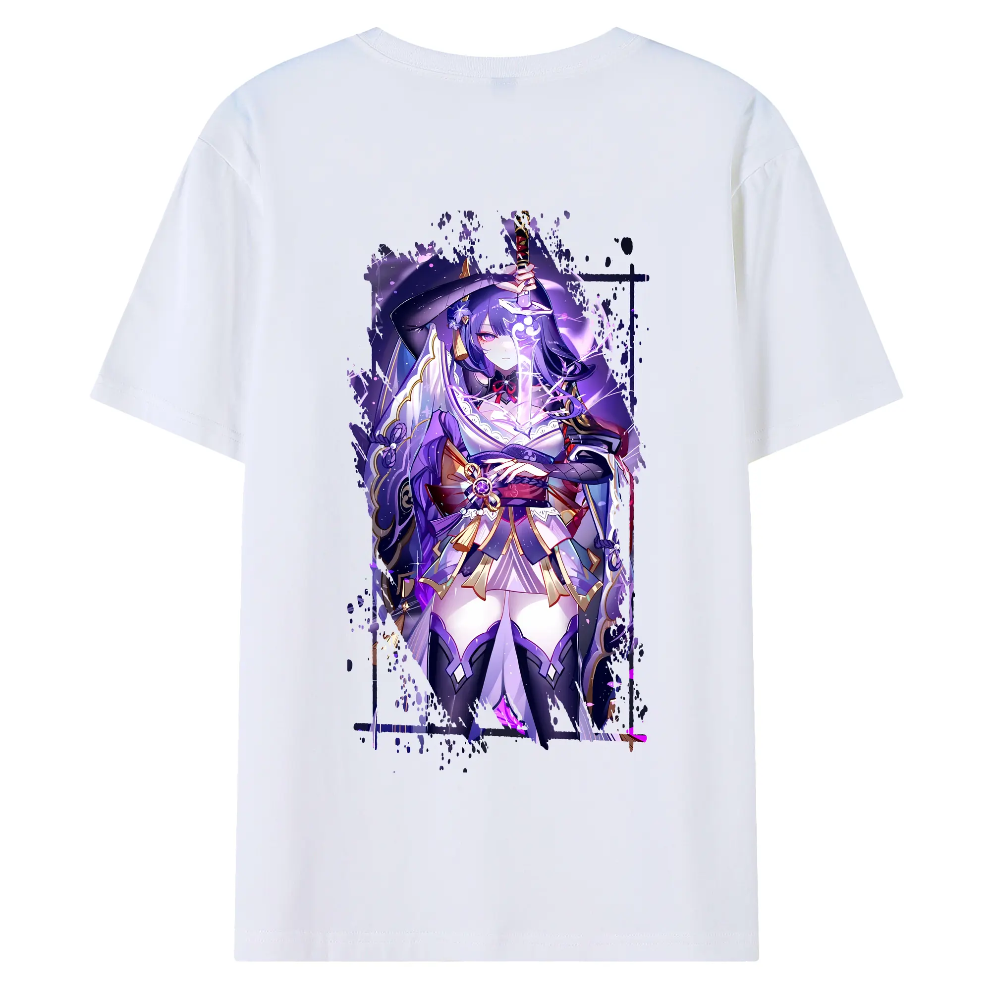 原 神 グッズ 雷電将軍 - 綿100％ 半袖Tシャツ ・ バックプリント ・ 快適 通気性 ・ 日常使い 散歩 スポーツ用