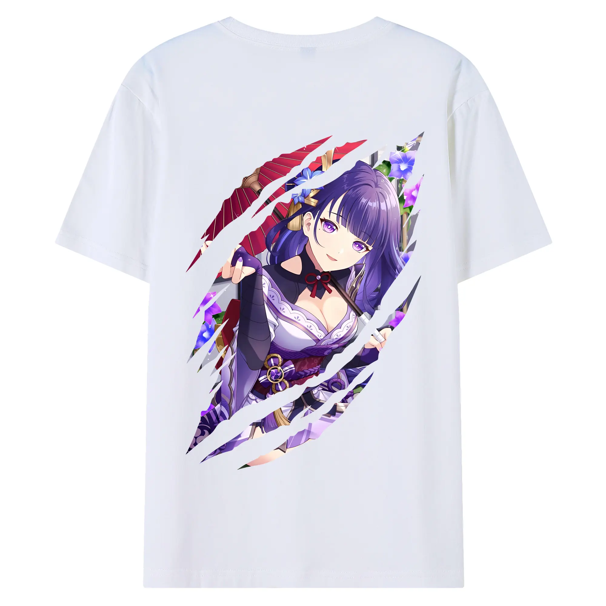 原 神 グッズ 雷電将軍 - 綿100％ 半袖Tシャツ ・ バックプリント ・ 快適 通気性 ・ 日常使い 散歩 スポーツ用