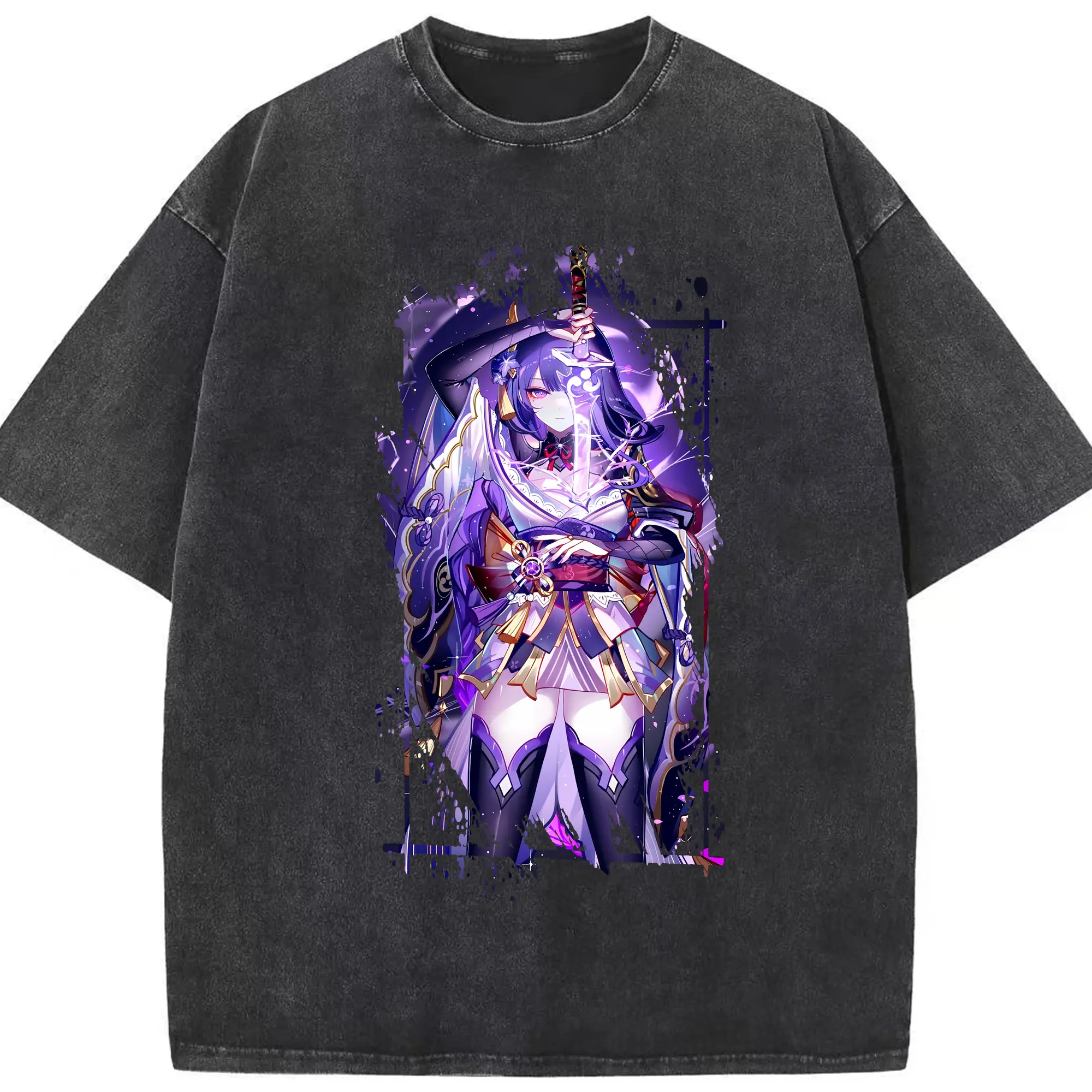 原 神 グッズ 雷電将軍 - 綿100％ ヴィンテージ風 半袖Tシャツ ・ フロントプリント ・ 柔らか肌触り ・ 通気性 快適 ・ スポーツ カジュアル 外出用